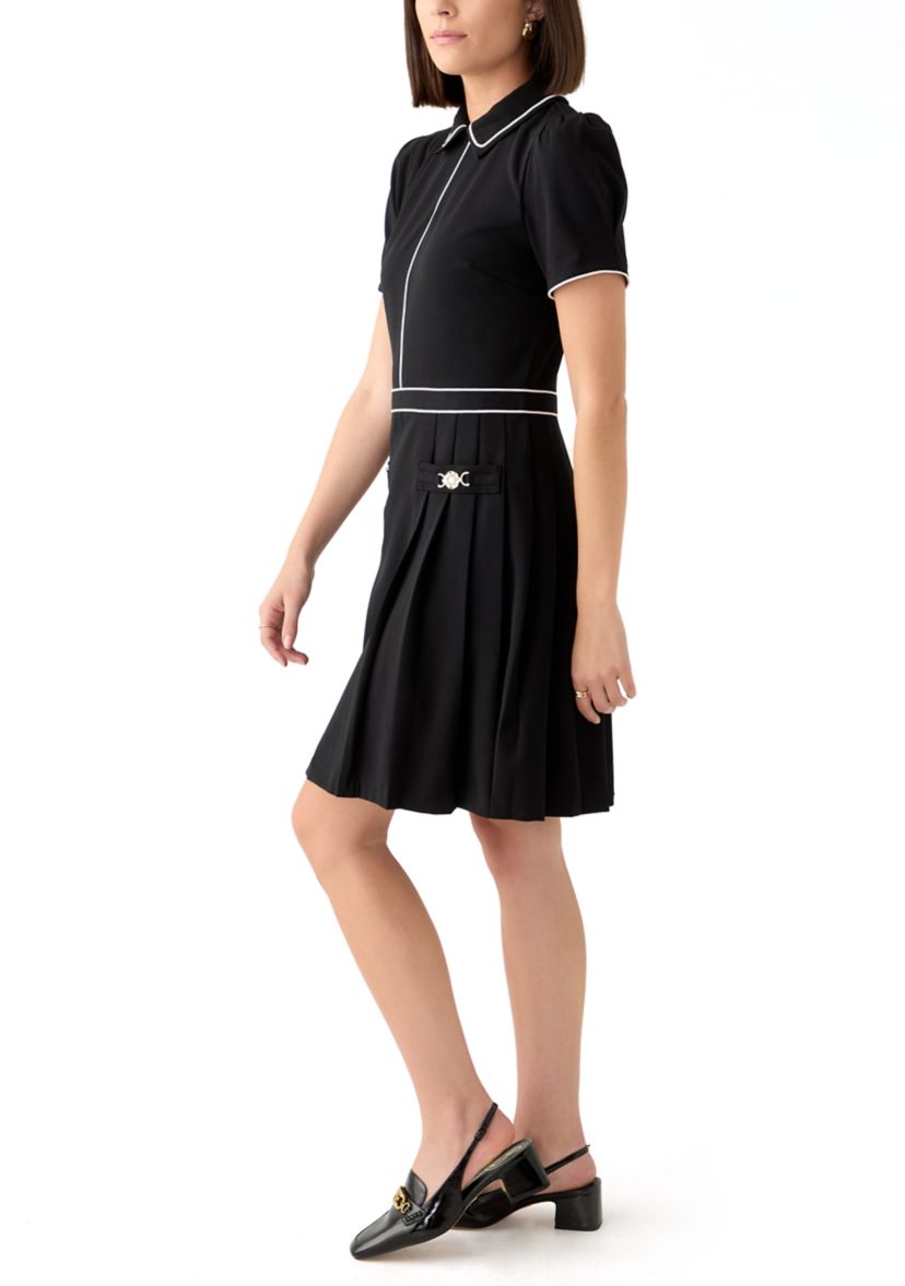 Womens Short Sleeve Collar Two Tone Fit and Flare Dress