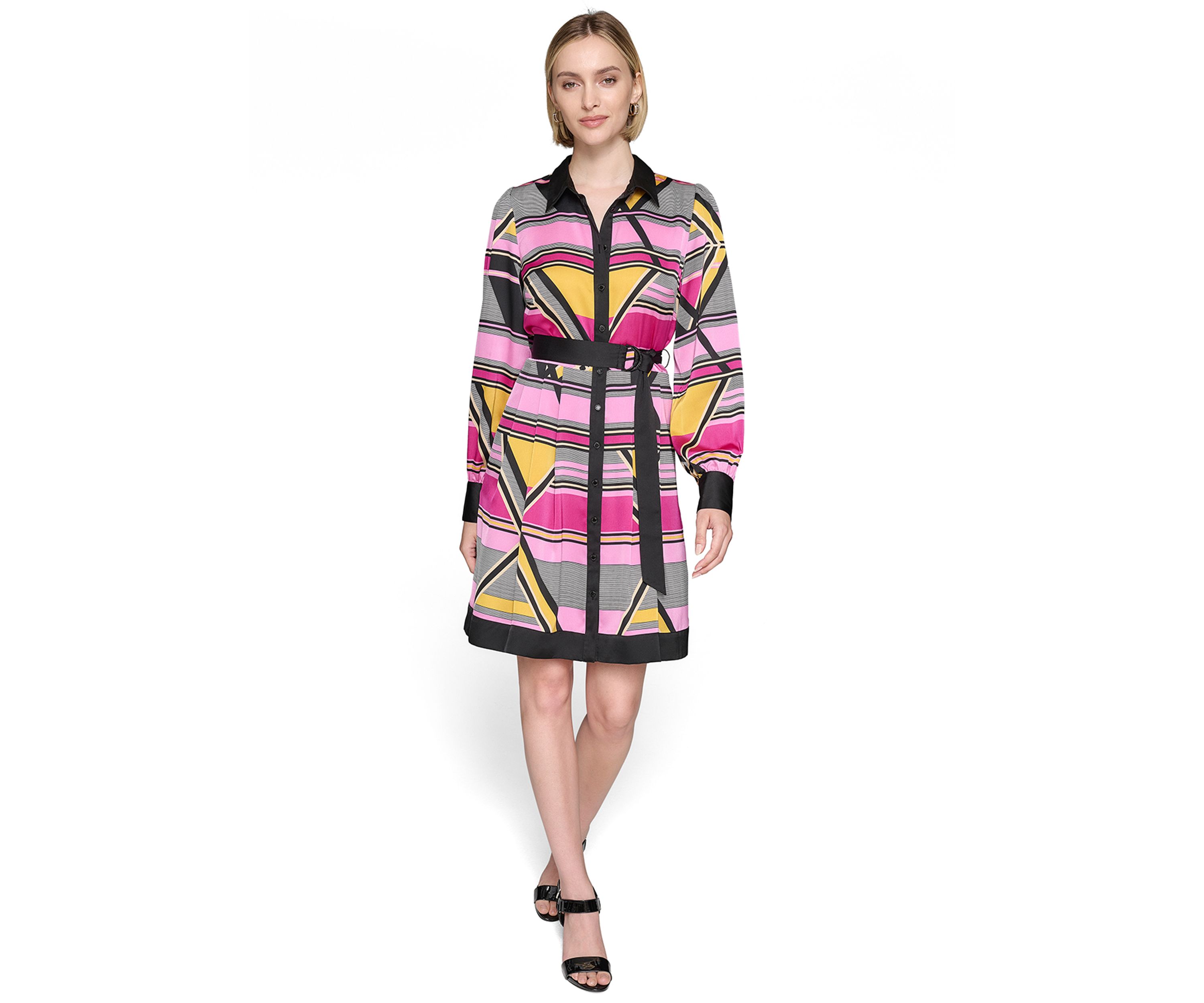 Womens Long Sleeve Collar Neck Abstract Print Fit and Flare Dress