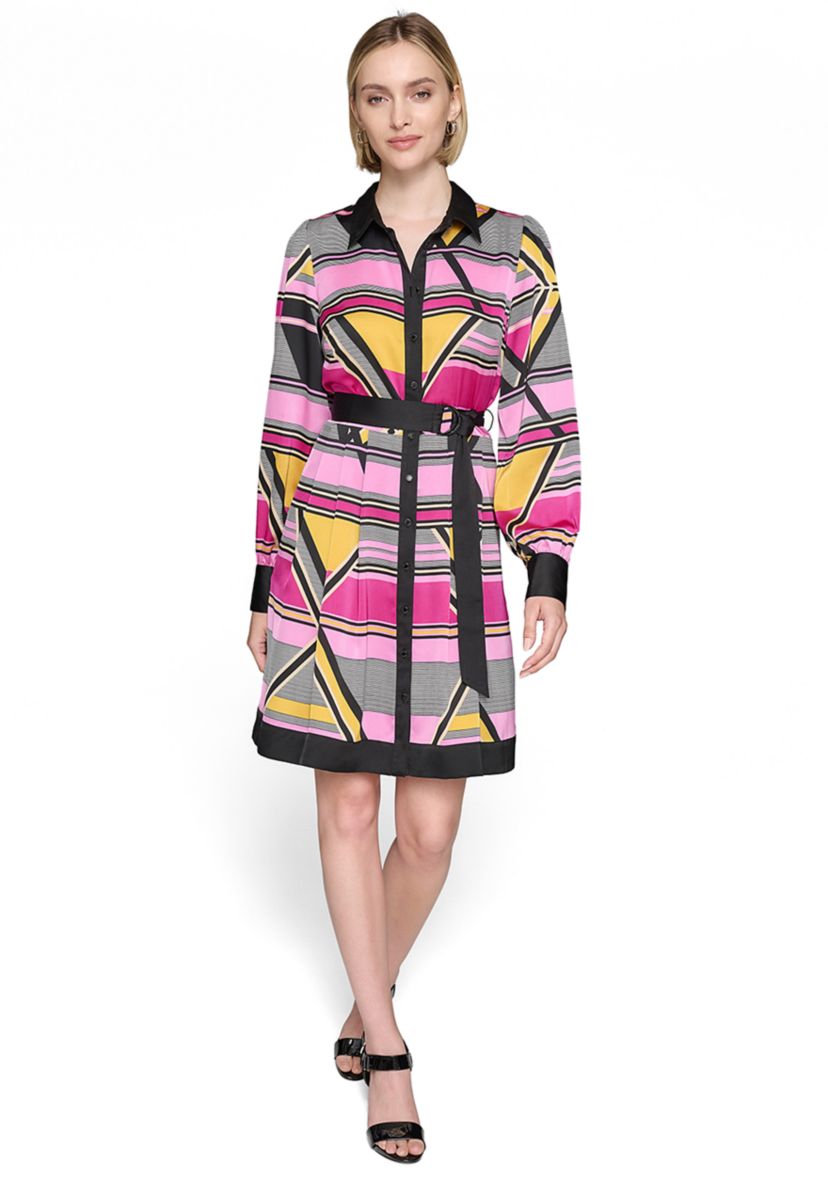 Womens Long Sleeve Collar Neck Abstract Print Fit and Flare Dress