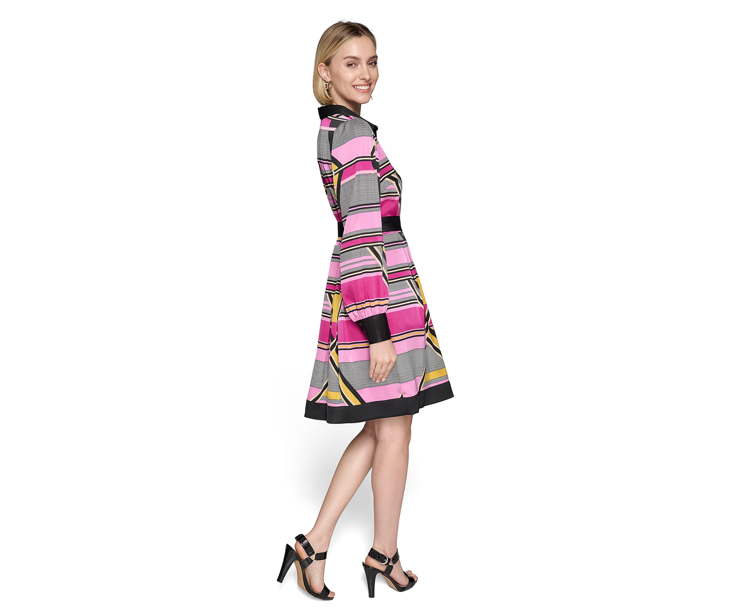 Womens Long Sleeve Collar Neck Abstract Print Fit and Flare Dress