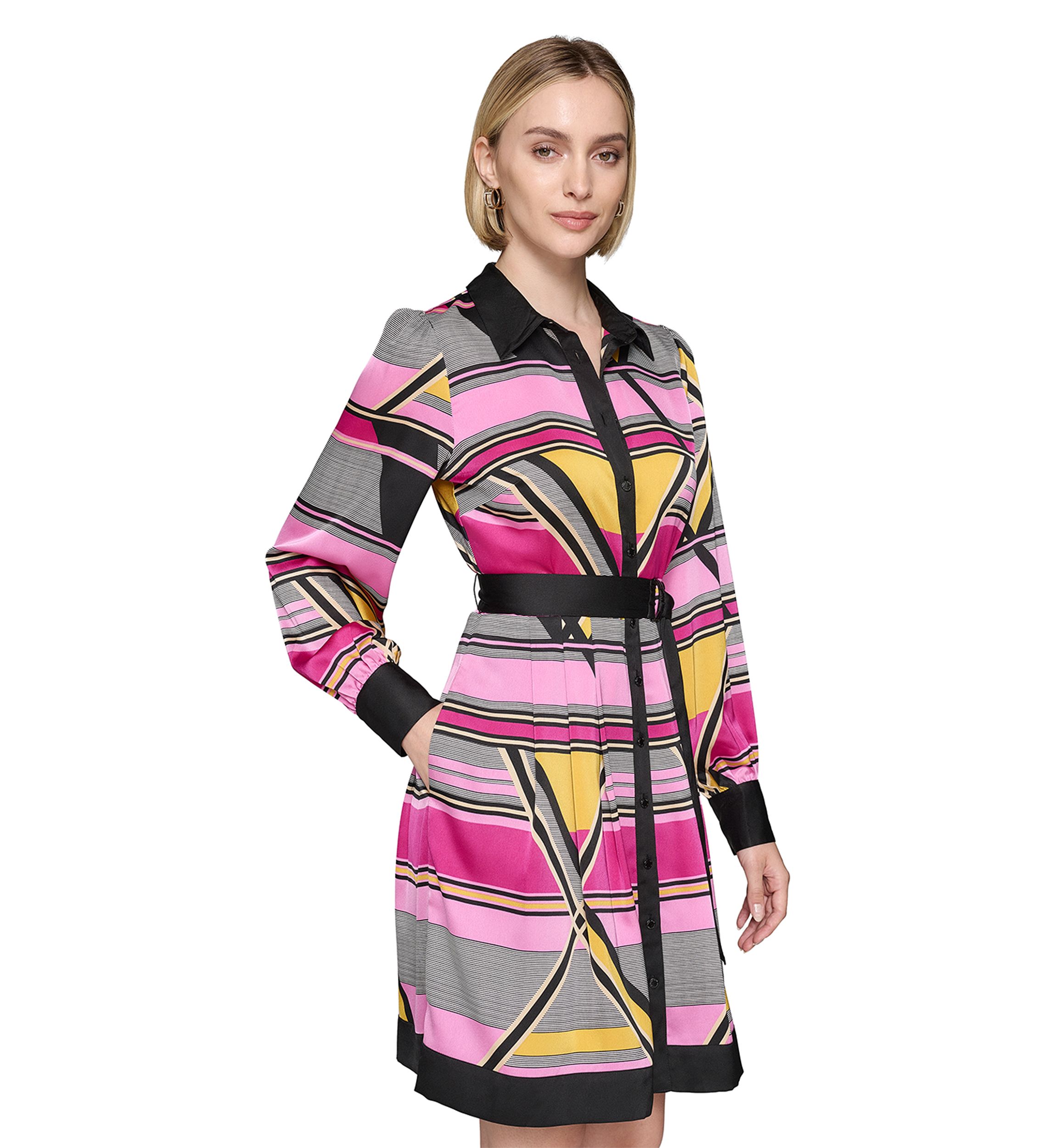Womens Long Sleeve Collar Neck Abstract Print Fit and Flare Dress