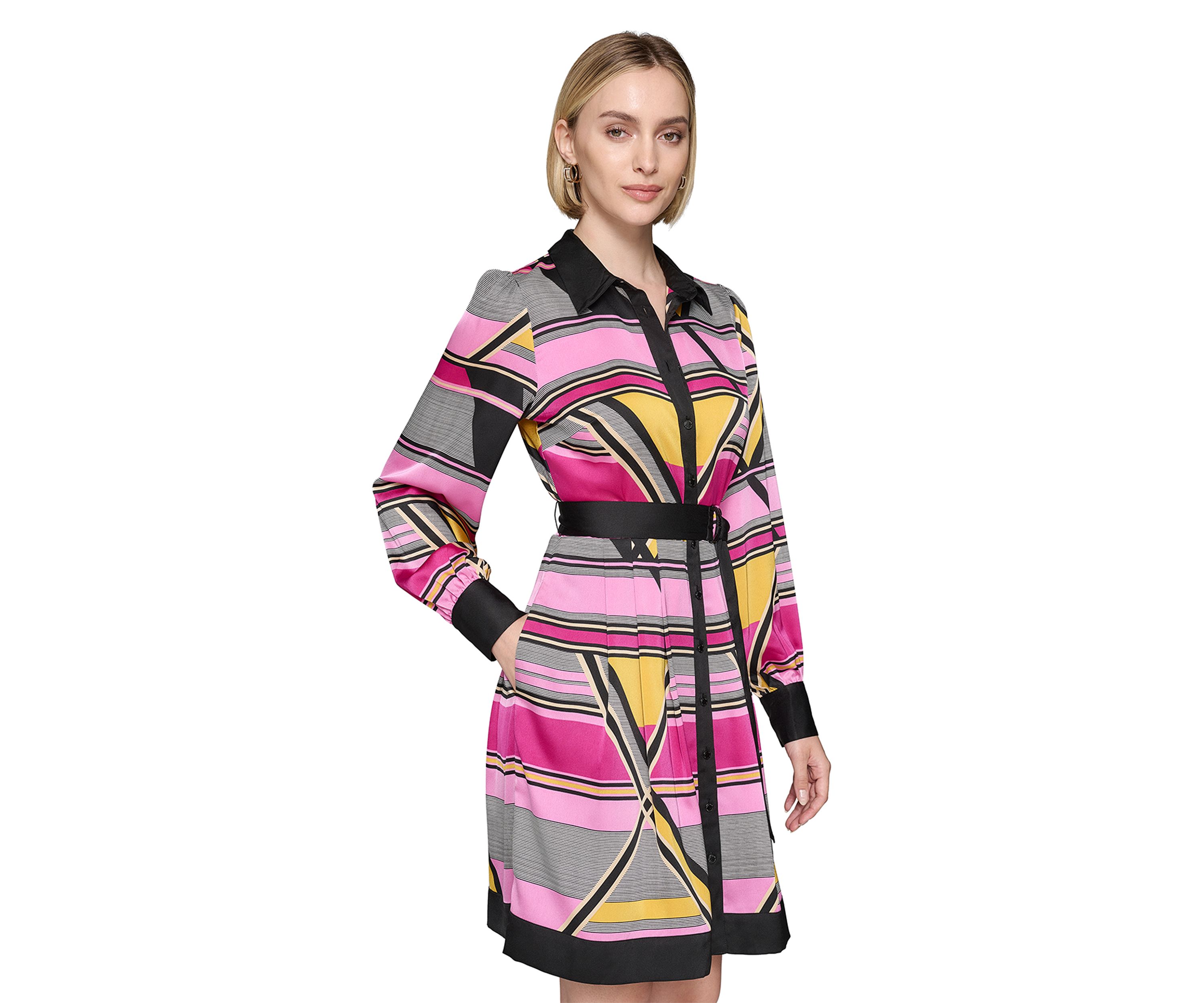 Womens Long Sleeve Collar Neck Abstract Print Fit and Flare Dress