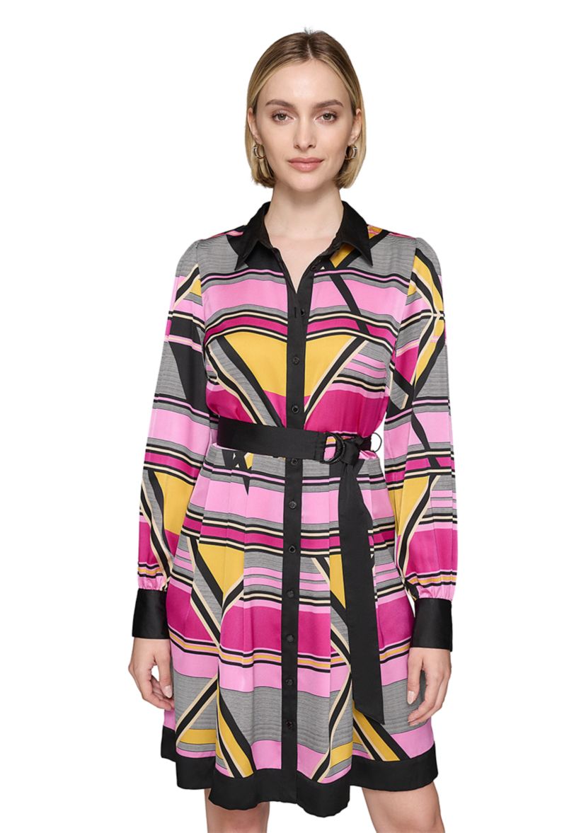Womens Long Sleeve Collar Neck Abstract Print Fit and Flare Dress
