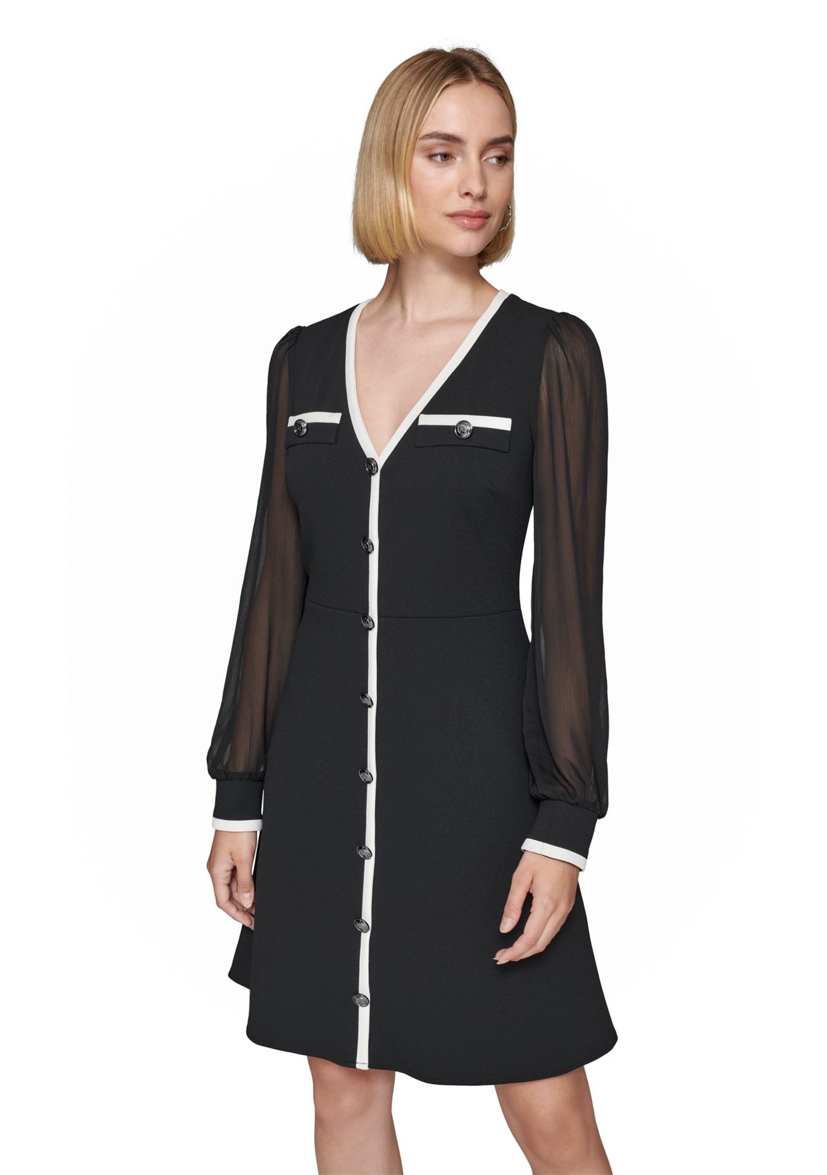 Womens Scuba Crepe A-Line Dress with Contrast Piping and Illusion Sleeves