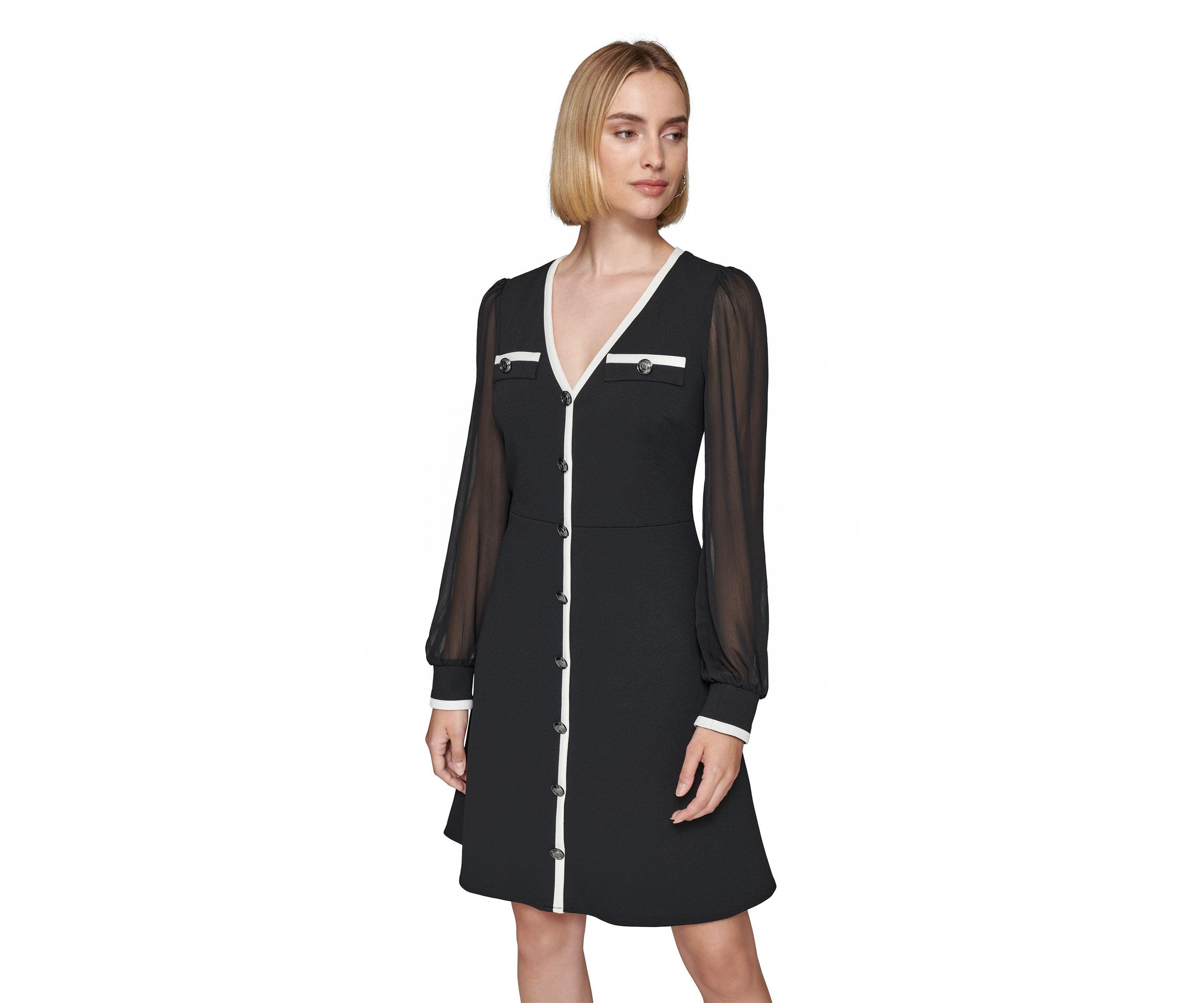 Womens Scuba Crepe A-Line Dress with Contrast Piping and Illusion Sleeves