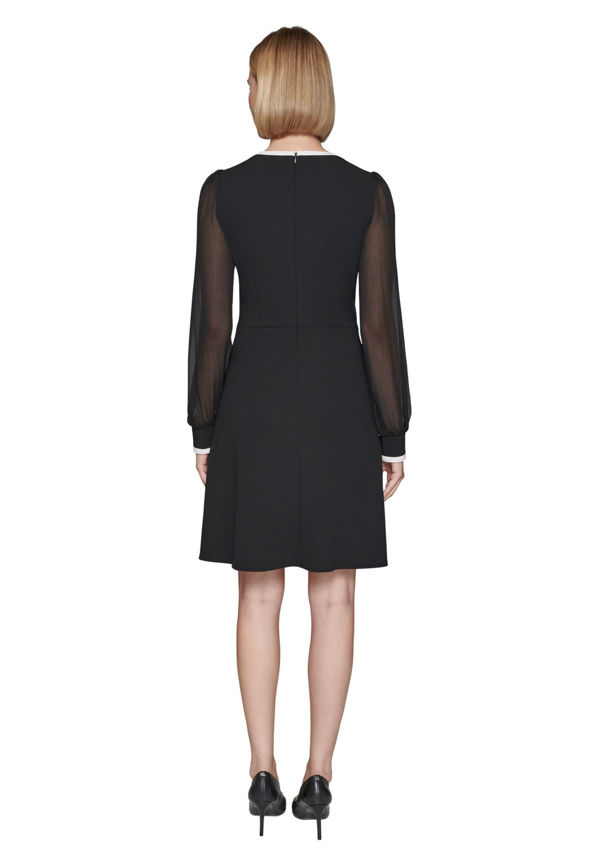 Womens Scuba Crepe A-Line Dress with Contrast Piping and Illusion Sleeves