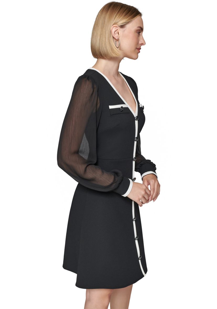 Womens Scuba Crepe A-Line Dress with Contrast Piping and Illusion Sleeves