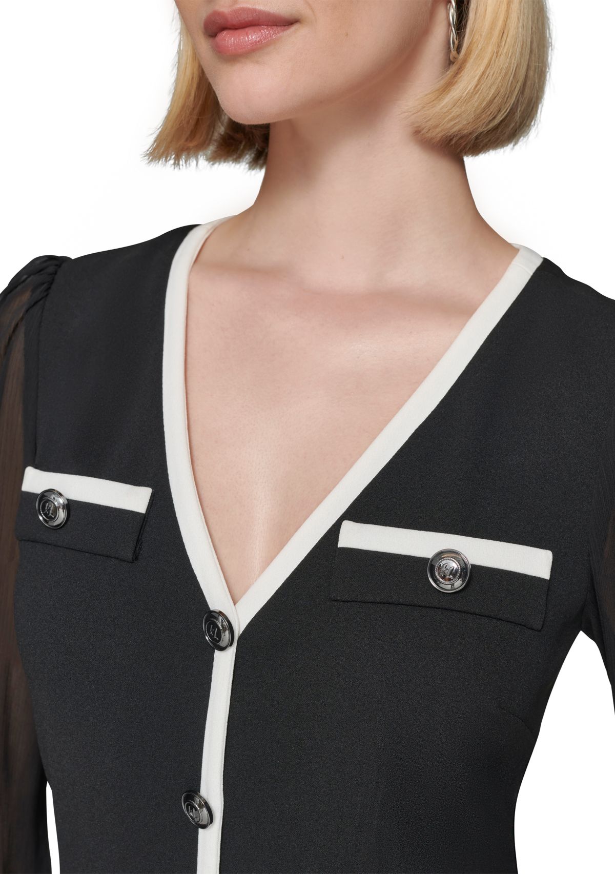 Womens Scuba Crepe A-Line Dress with Contrast Piping and Illusion Sleeves