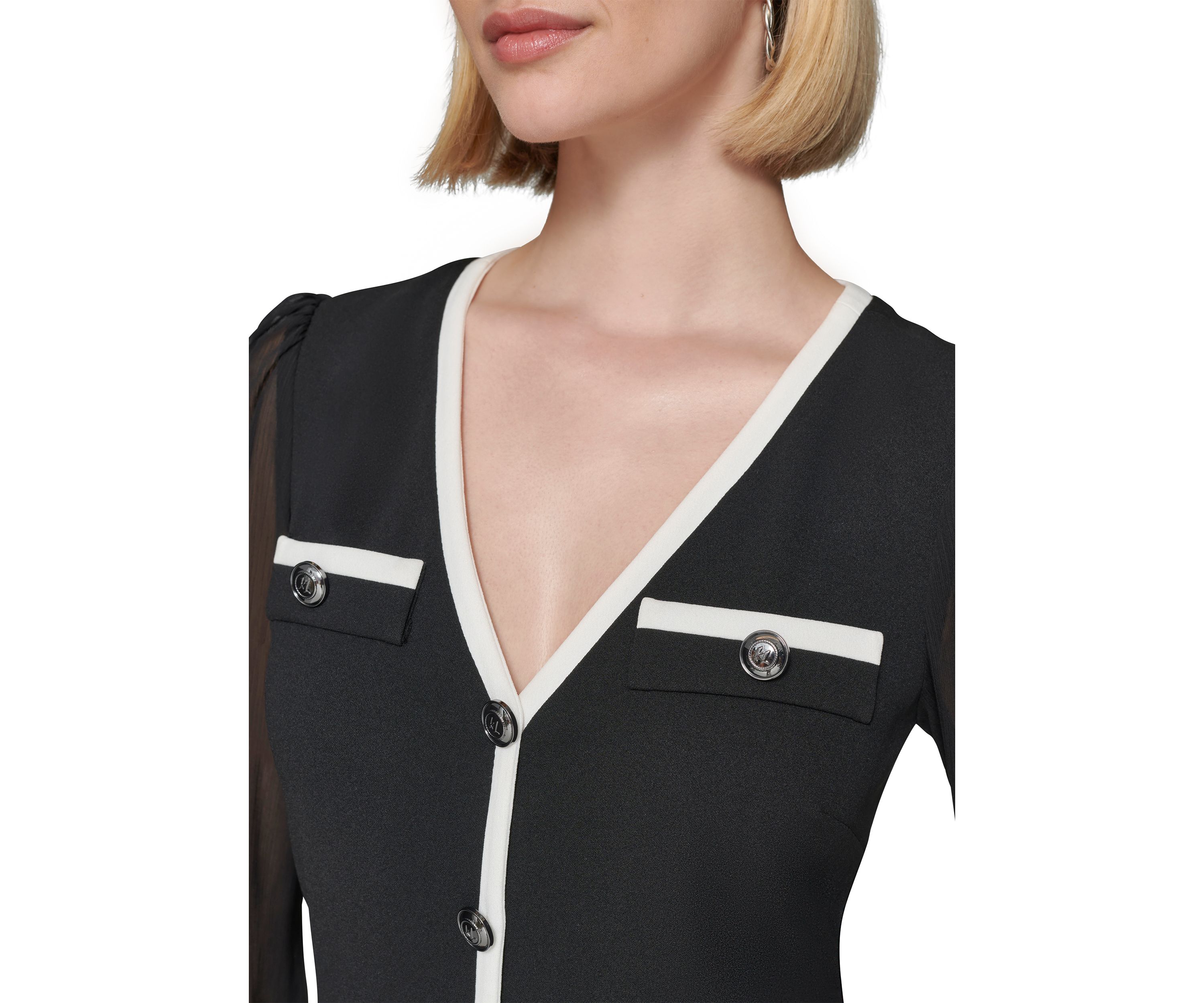 Womens Scuba Crepe A-Line Dress with Contrast Piping and Illusion Sleeves