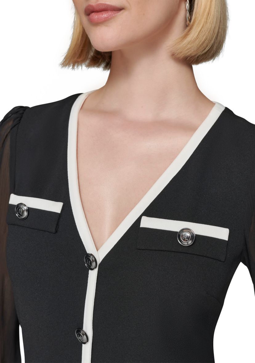 Womens Scuba Crepe A-Line Dress with Contrast Piping and Illusion Sleeves
