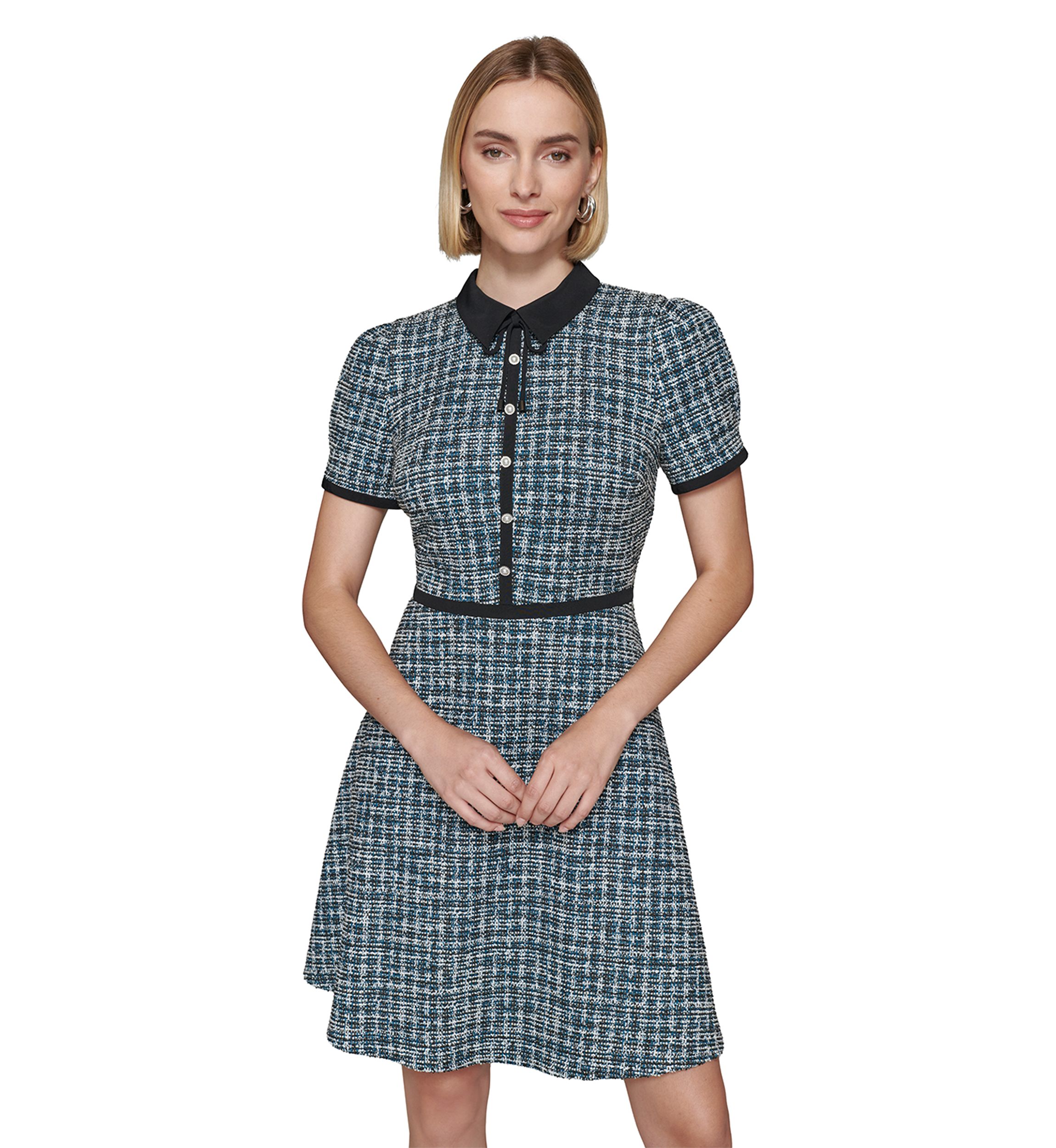 Womens Multi Boucle Knit Tweed A-Line Dress with Bow and Embellished Pearl Buttons