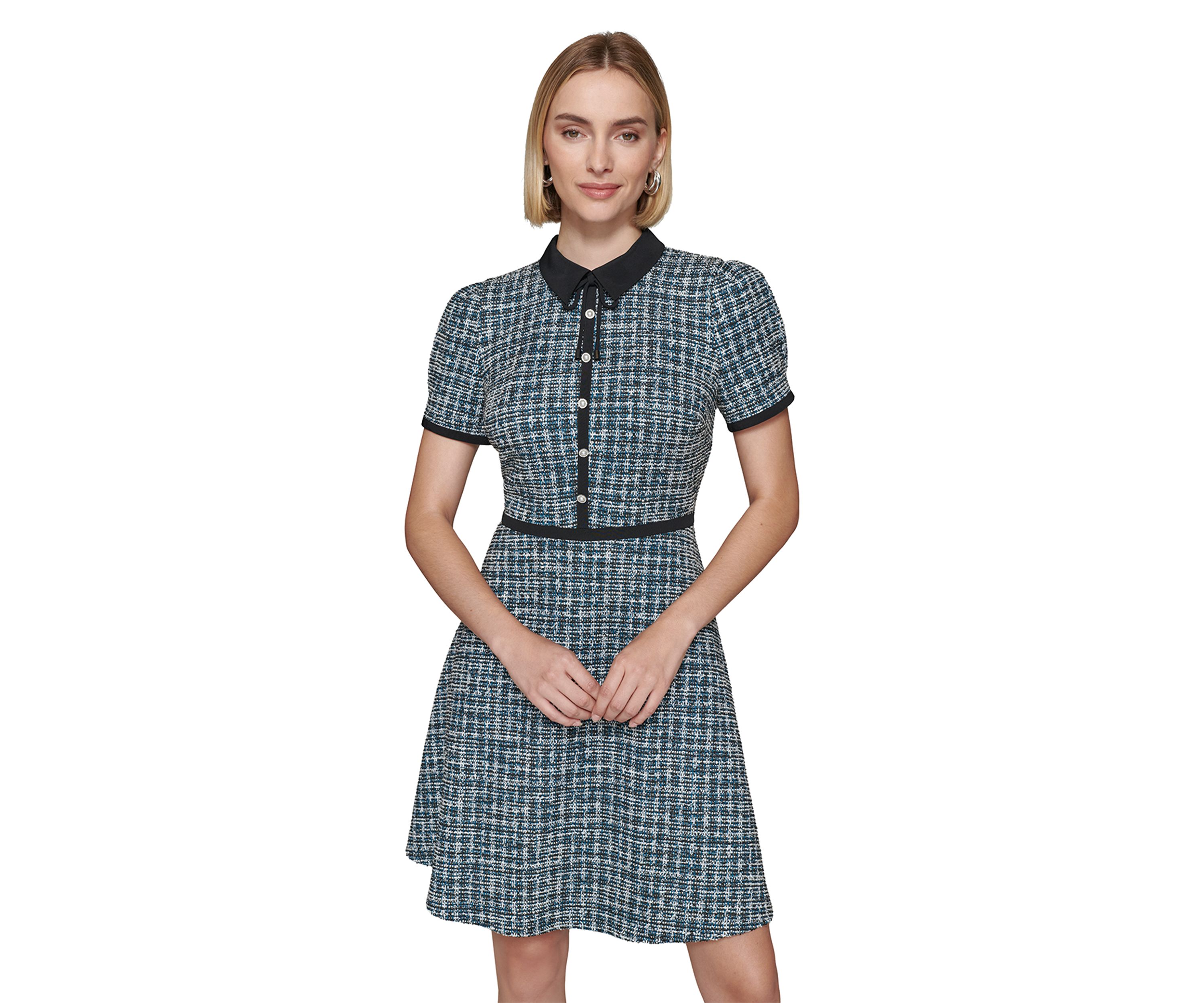 Womens Multi Boucle Knit Tweed A-Line Dress with Bow and Embellished Pearl Buttons