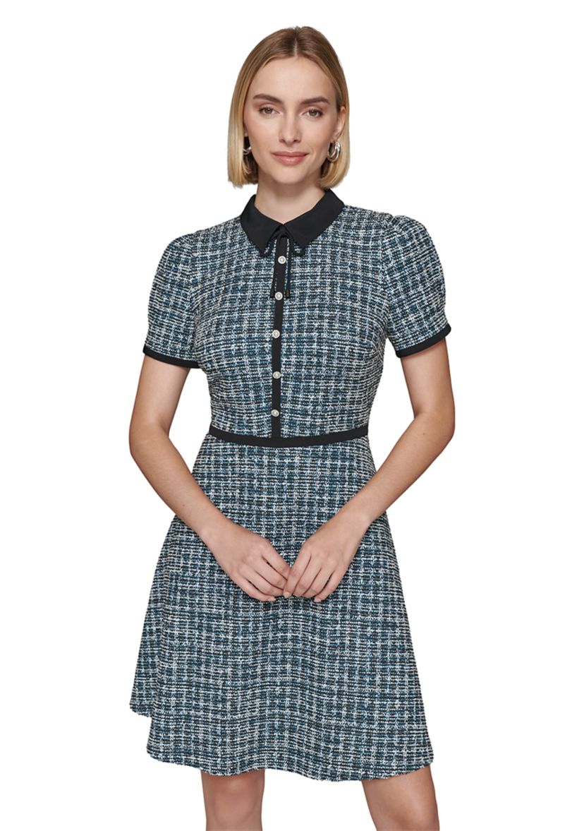 Womens Multi Boucle Knit Tweed A-Line Dress with Bow and Embellished Pearl Buttons