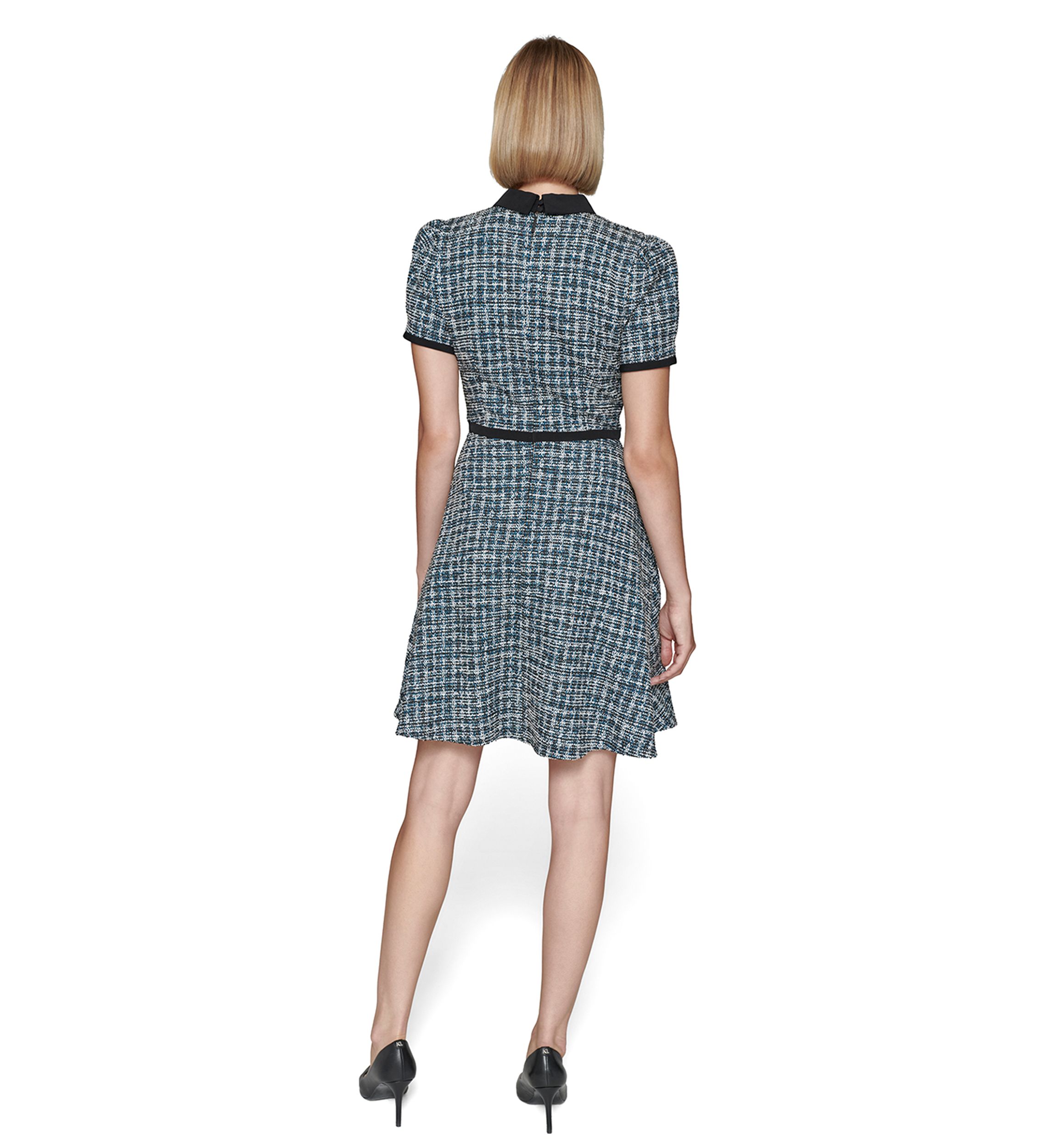 Womens Multi Boucle Knit Tweed A-Line Dress with Bow and Embellished Pearl Buttons