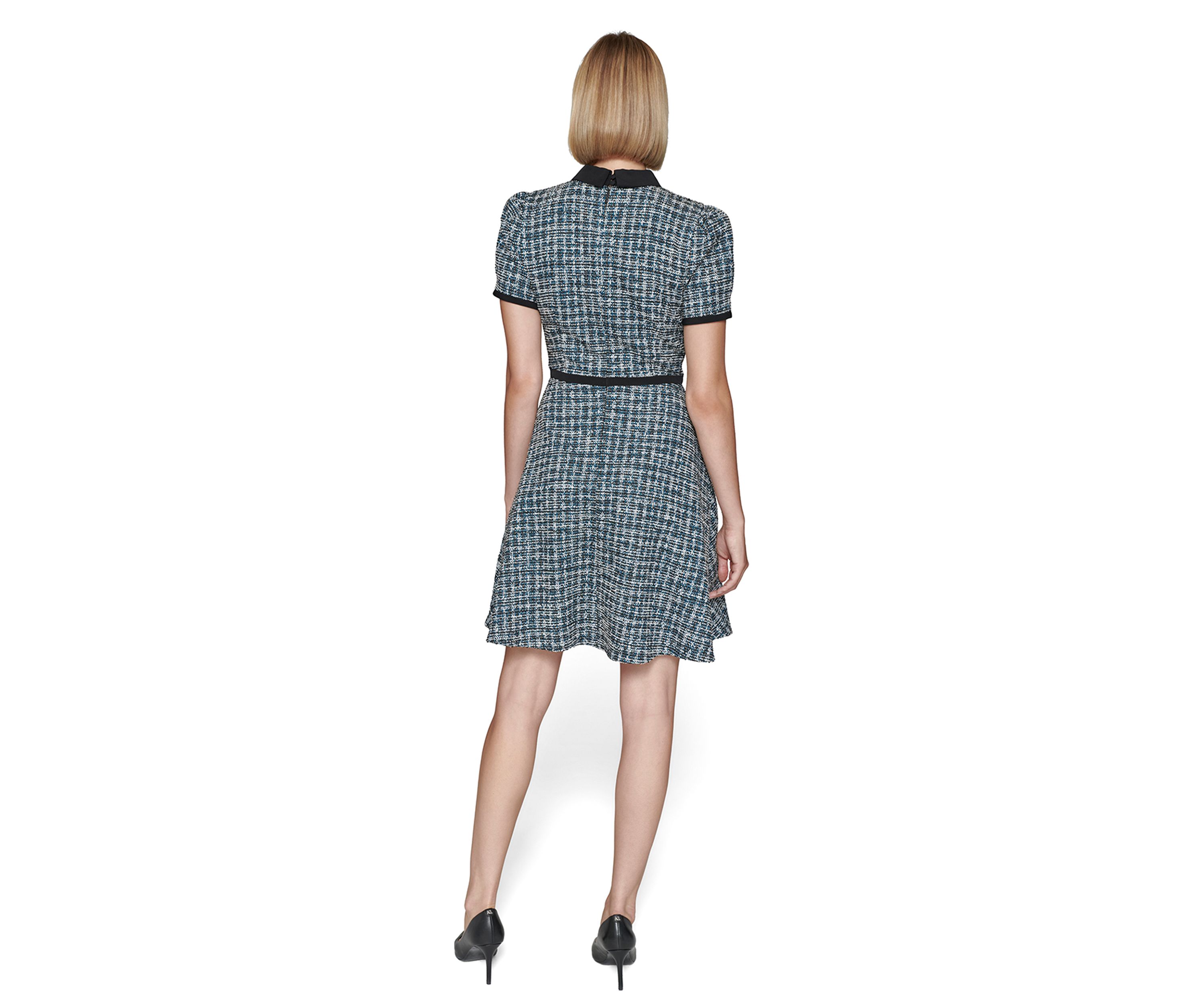 Womens Multi Boucle Knit Tweed A-Line Dress with Bow and Embellished Pearl Buttons
