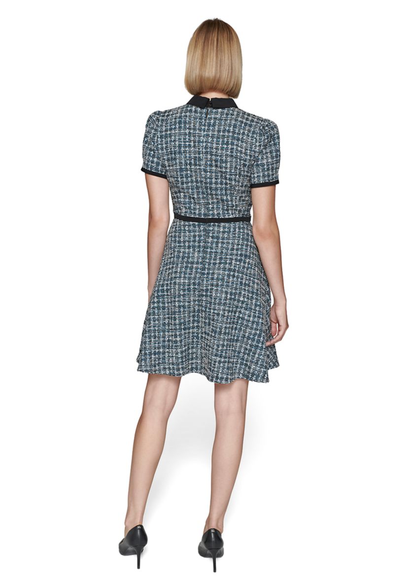 Womens Multi Boucle Knit Tweed A-Line Dress with Bow and Embellished Pearl Buttons