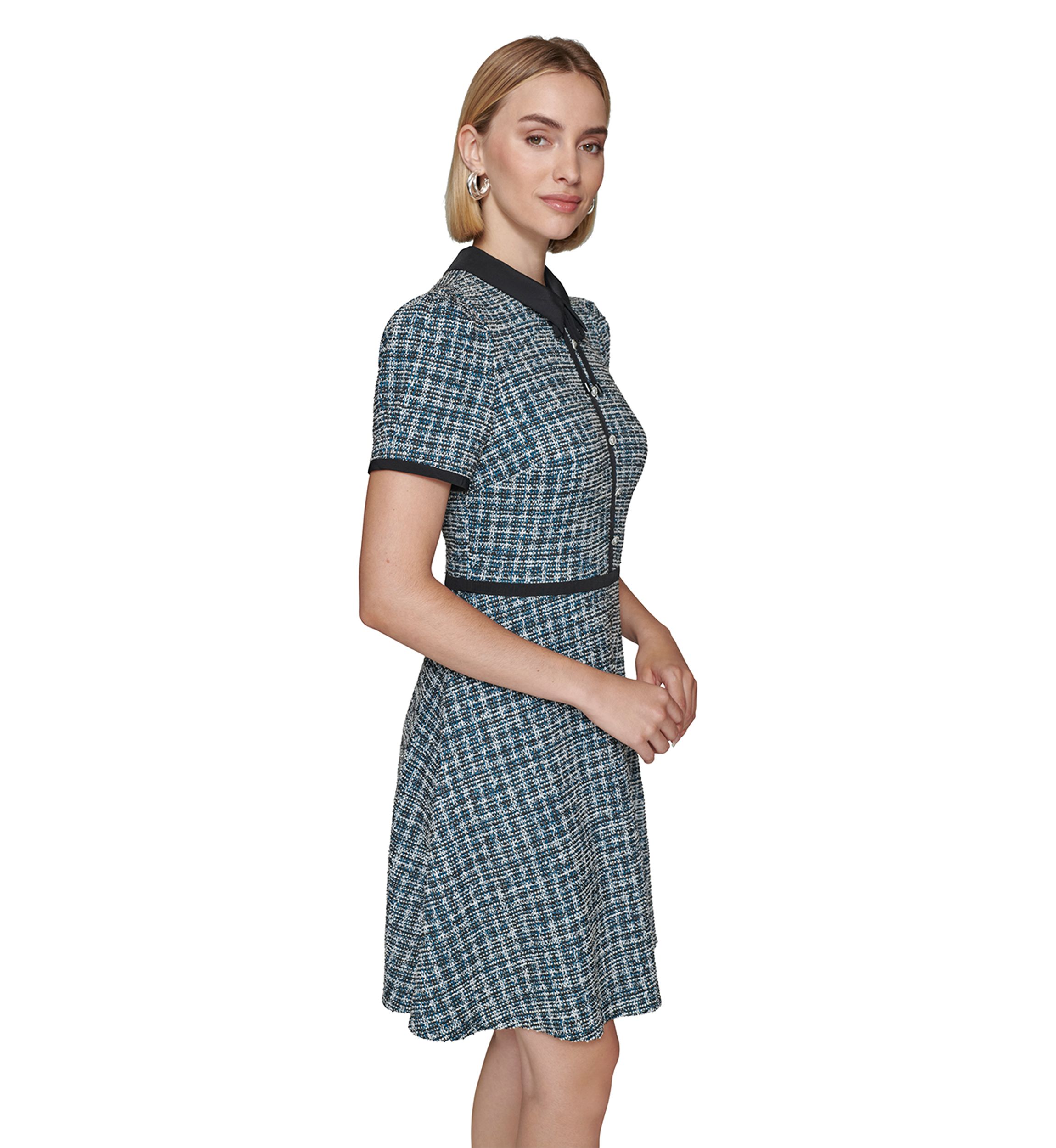 Womens Multi Boucle Knit Tweed A-Line Dress with Bow and Embellished Pearl Buttons