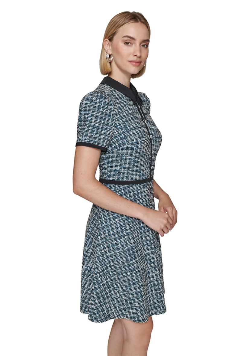 Womens Multi Boucle Knit Tweed A-Line Dress with Bow and Embellished Pearl Buttons