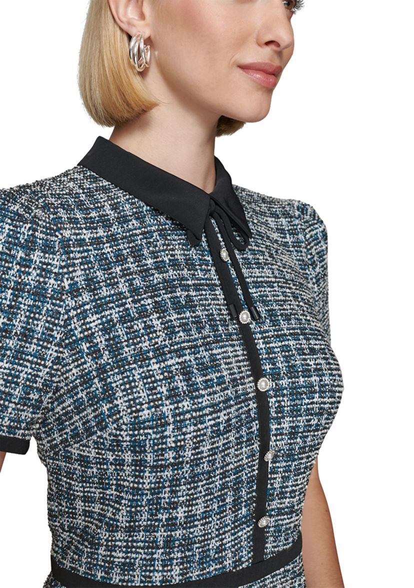 Womens Multi Boucle Knit Tweed A-Line Dress with Bow and Embellished Pearl Buttons