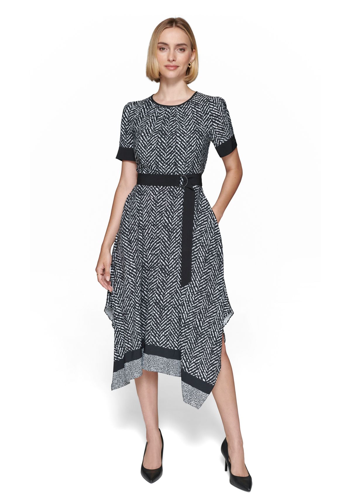 Womens Puff Sleeve Crew Neck Knit Fit and Flare Midi Dress