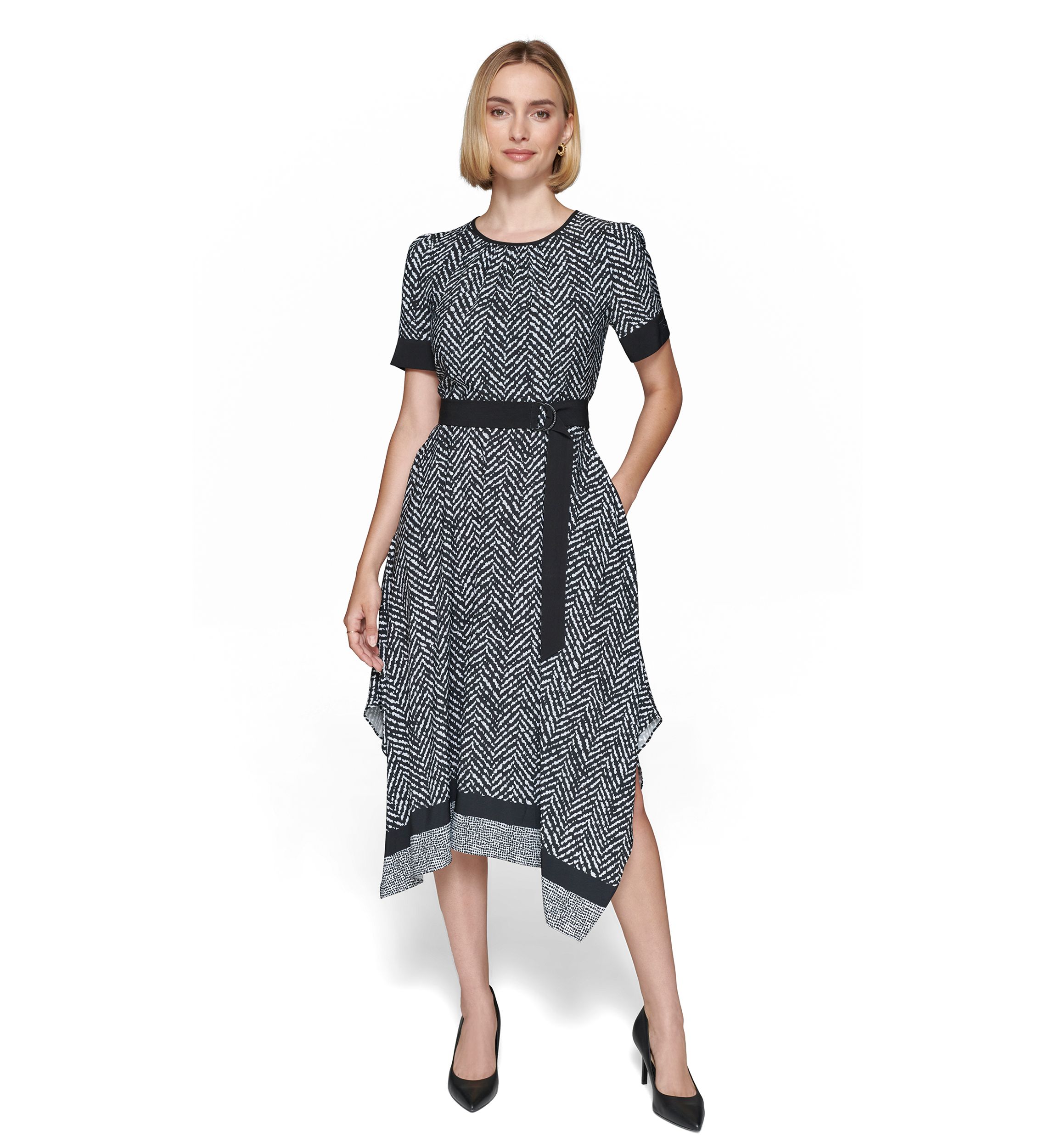 Womens Puff Sleeve Crew Neck Knit Fit and Flare Midi Dress