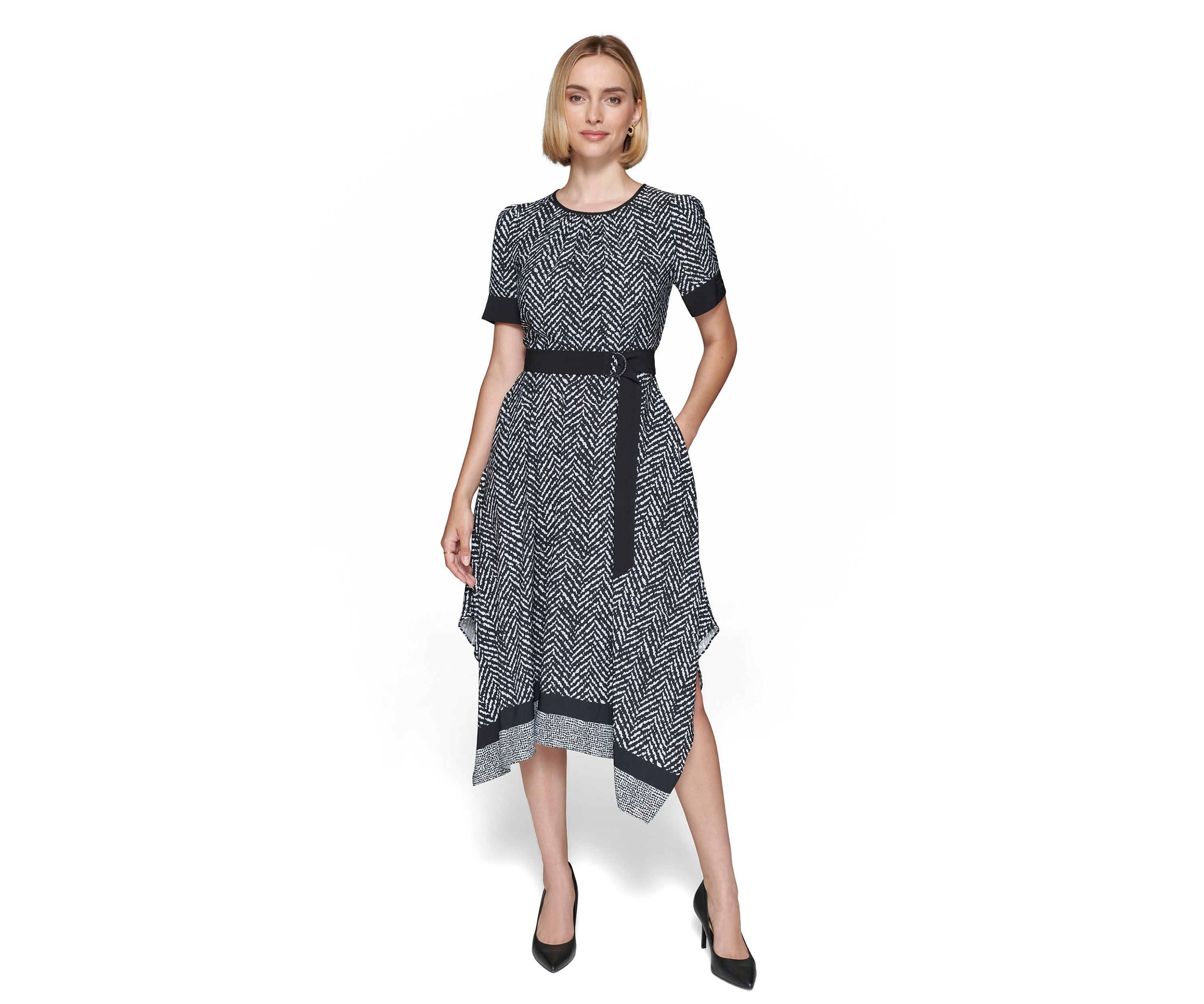 Womens Puff Sleeve Crew Neck Knit Fit and Flare Midi Dress