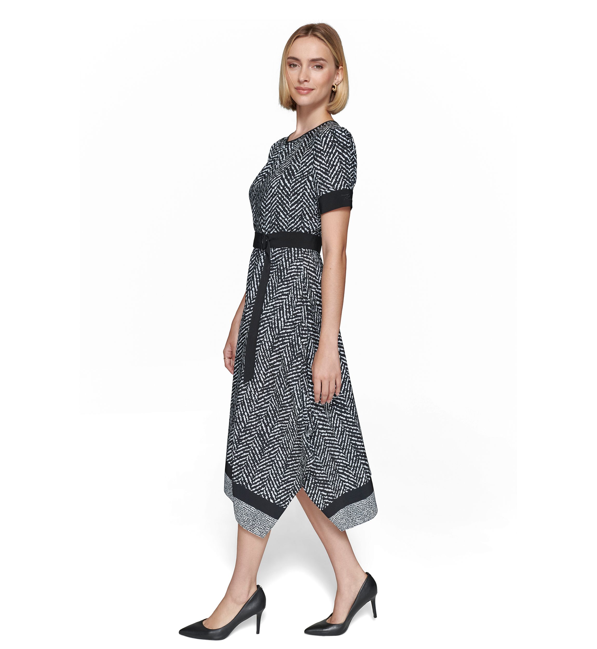 Womens Puff Sleeve Crew Neck Knit Fit and Flare Midi Dress