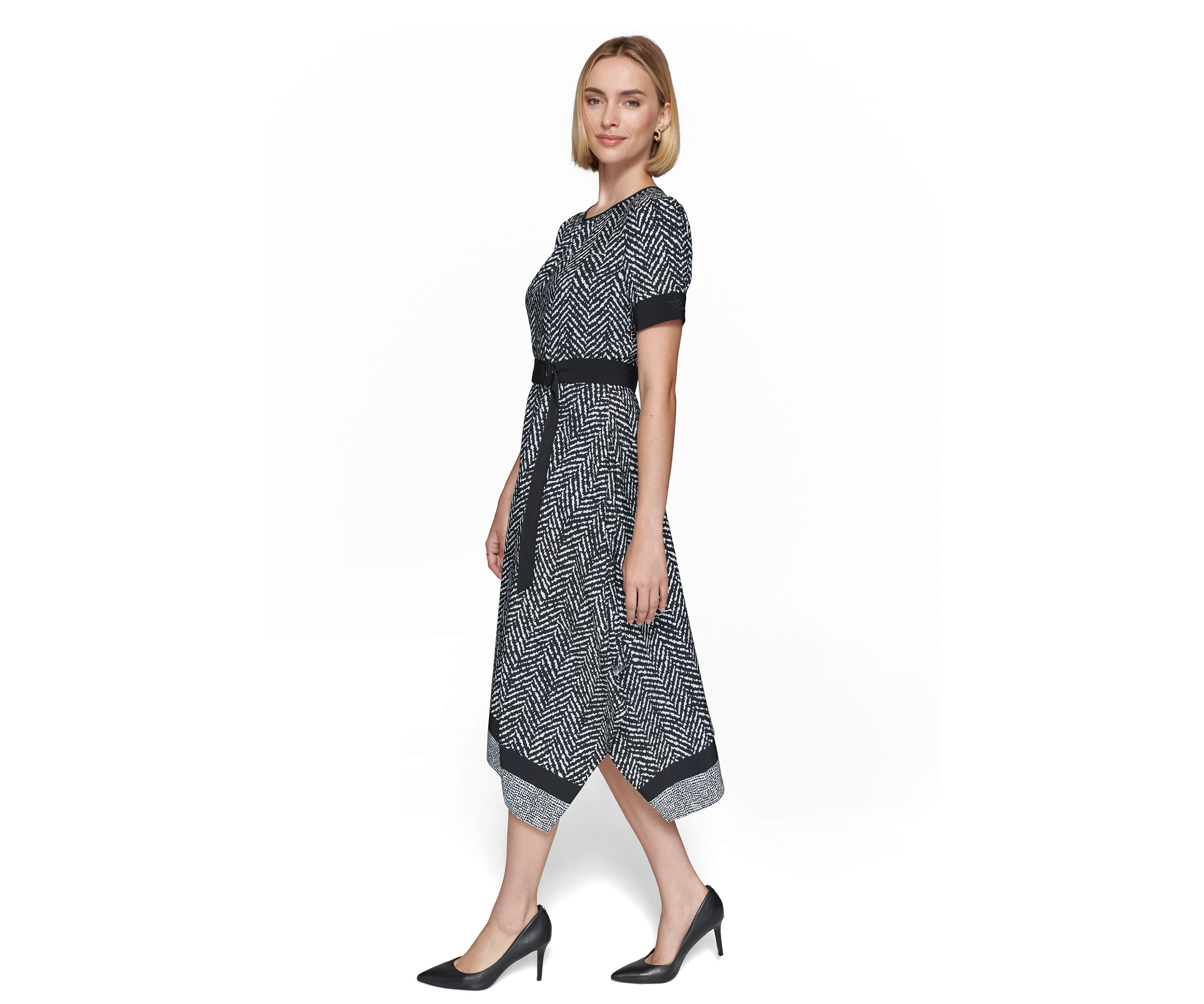 Womens Puff Sleeve Crew Neck Knit Fit and Flare Midi Dress