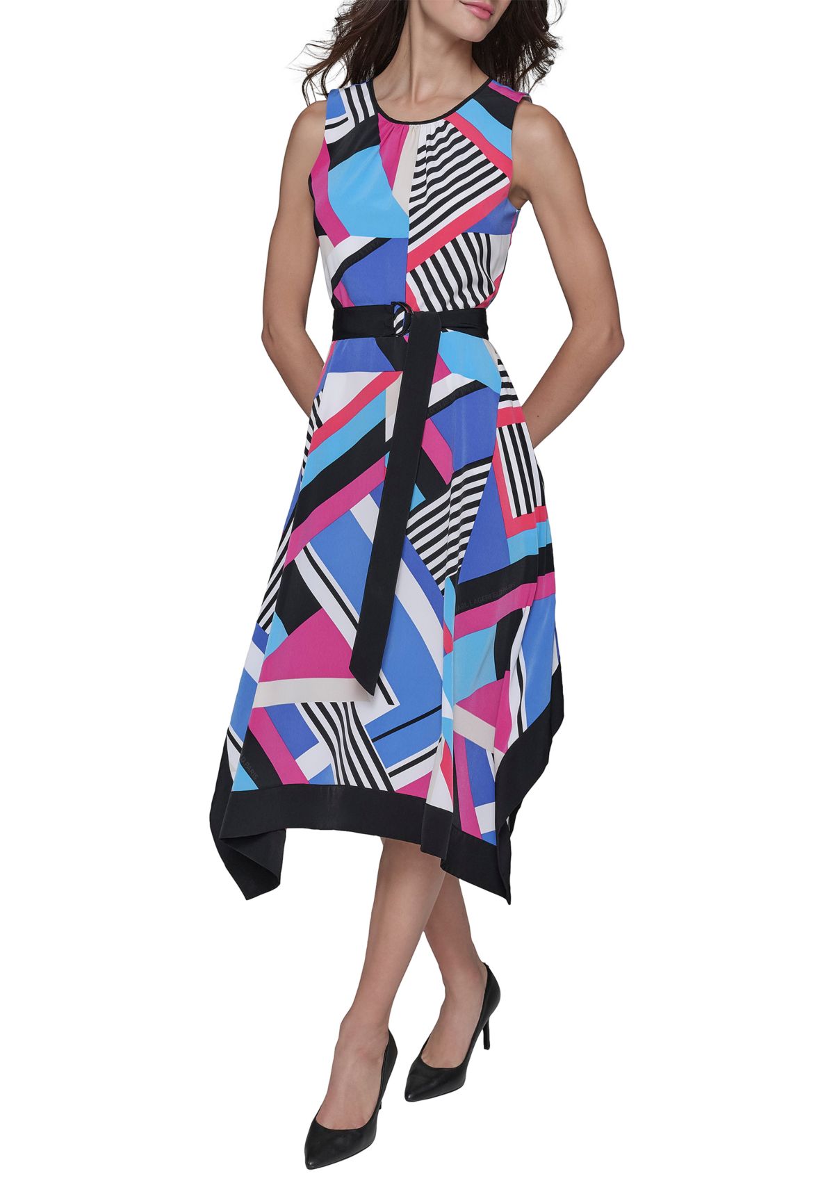 Womens Geometric Print Silky Crepe Midi Dress with Color Block Handkerchief Hem