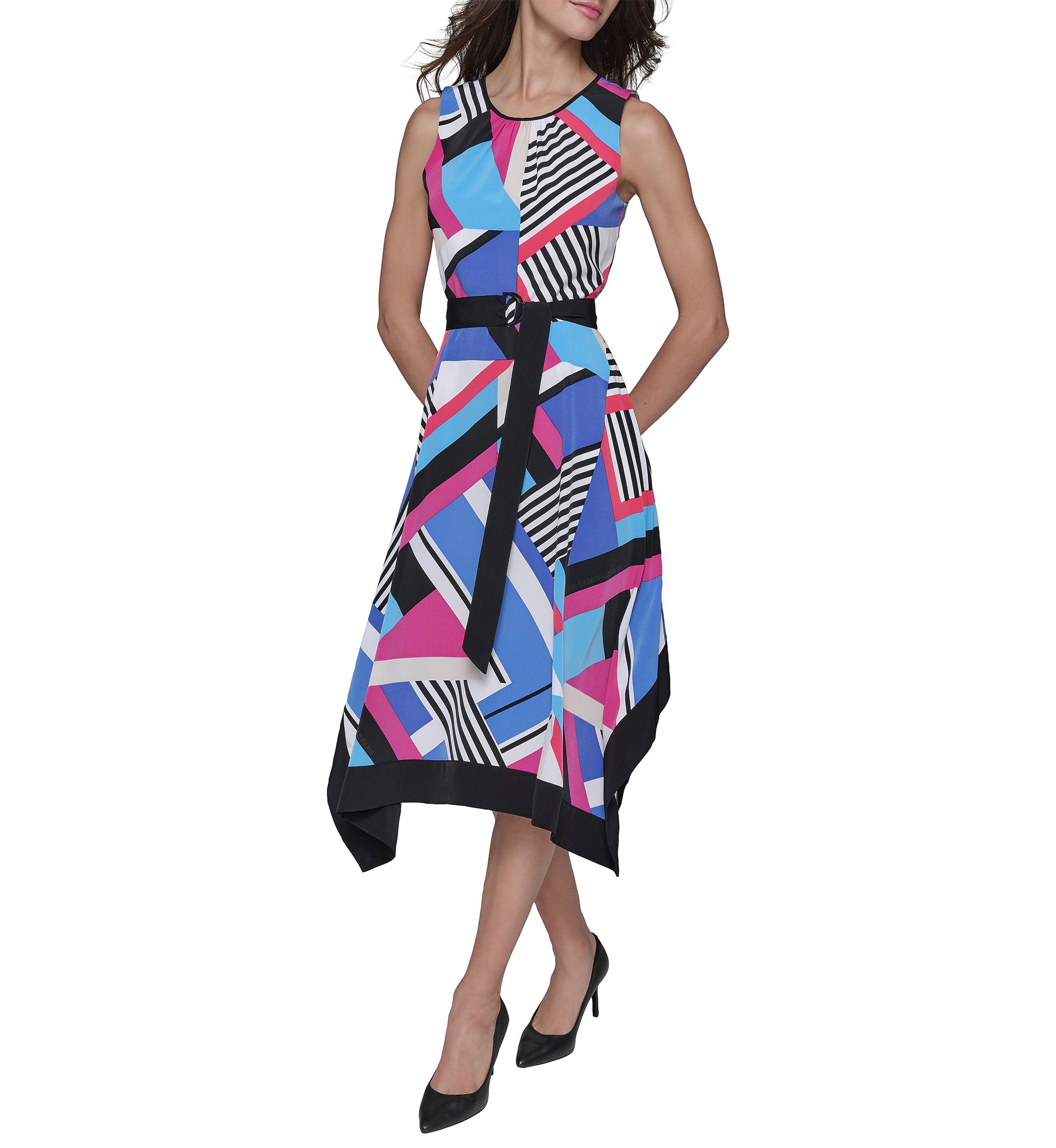 Womens Geometric Print Silky Crepe Midi Dress with Color Block Handkerchief Hem