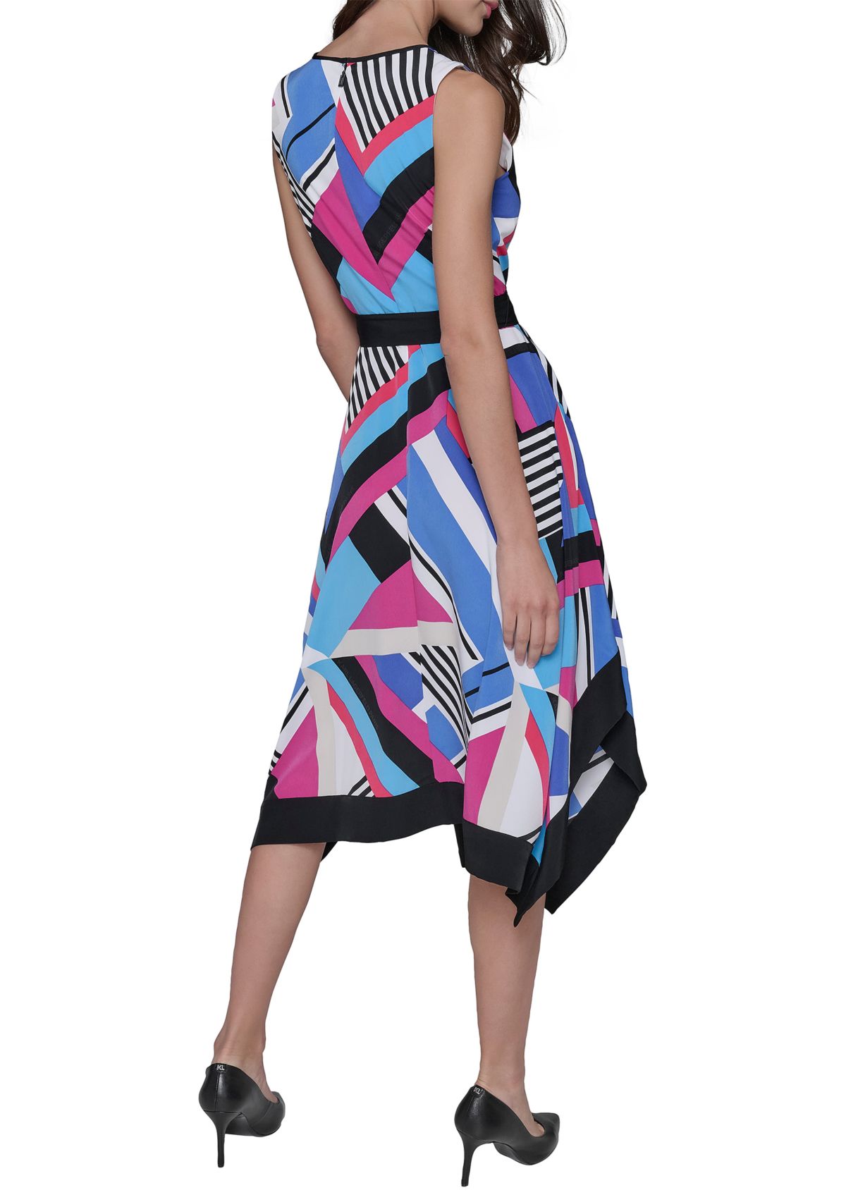Womens Geometric Print Silky Crepe Midi Dress with Color Block Handkerchief Hem