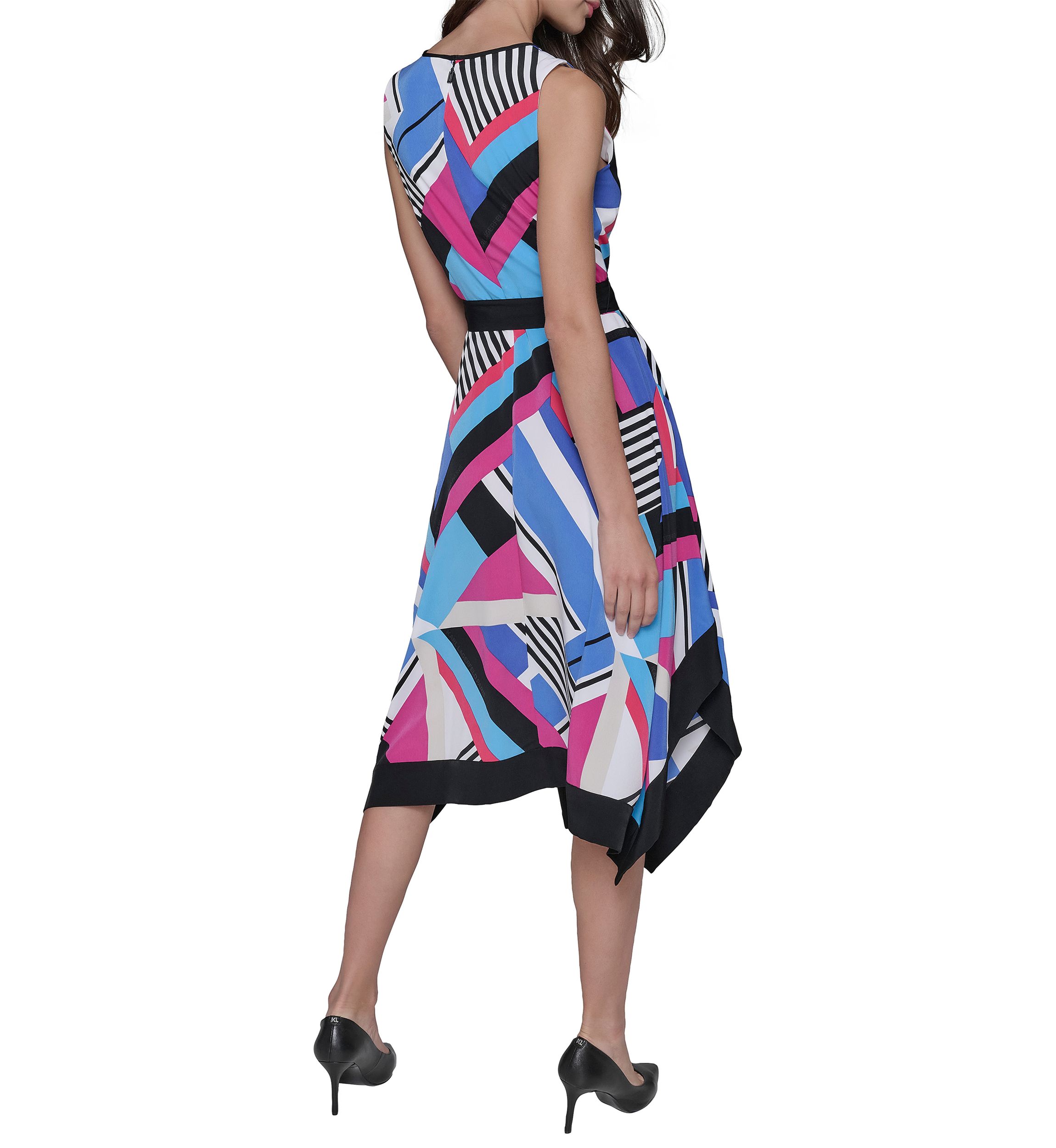 Womens Geometric Print Silky Crepe Midi Dress with Color Block Handkerchief Hem