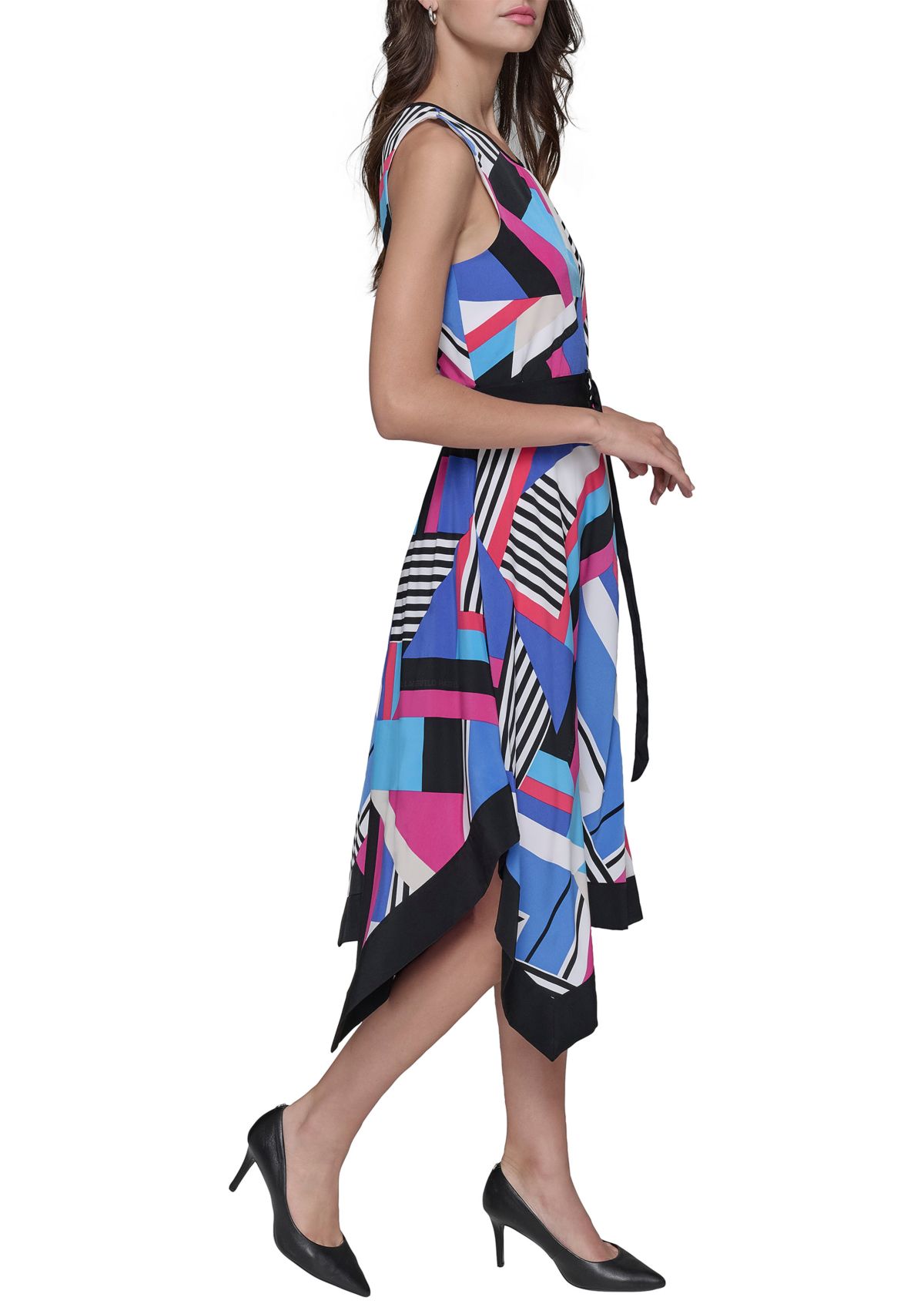 Womens Geometric Print Silky Crepe Midi Dress with Color Block Handkerchief Hem