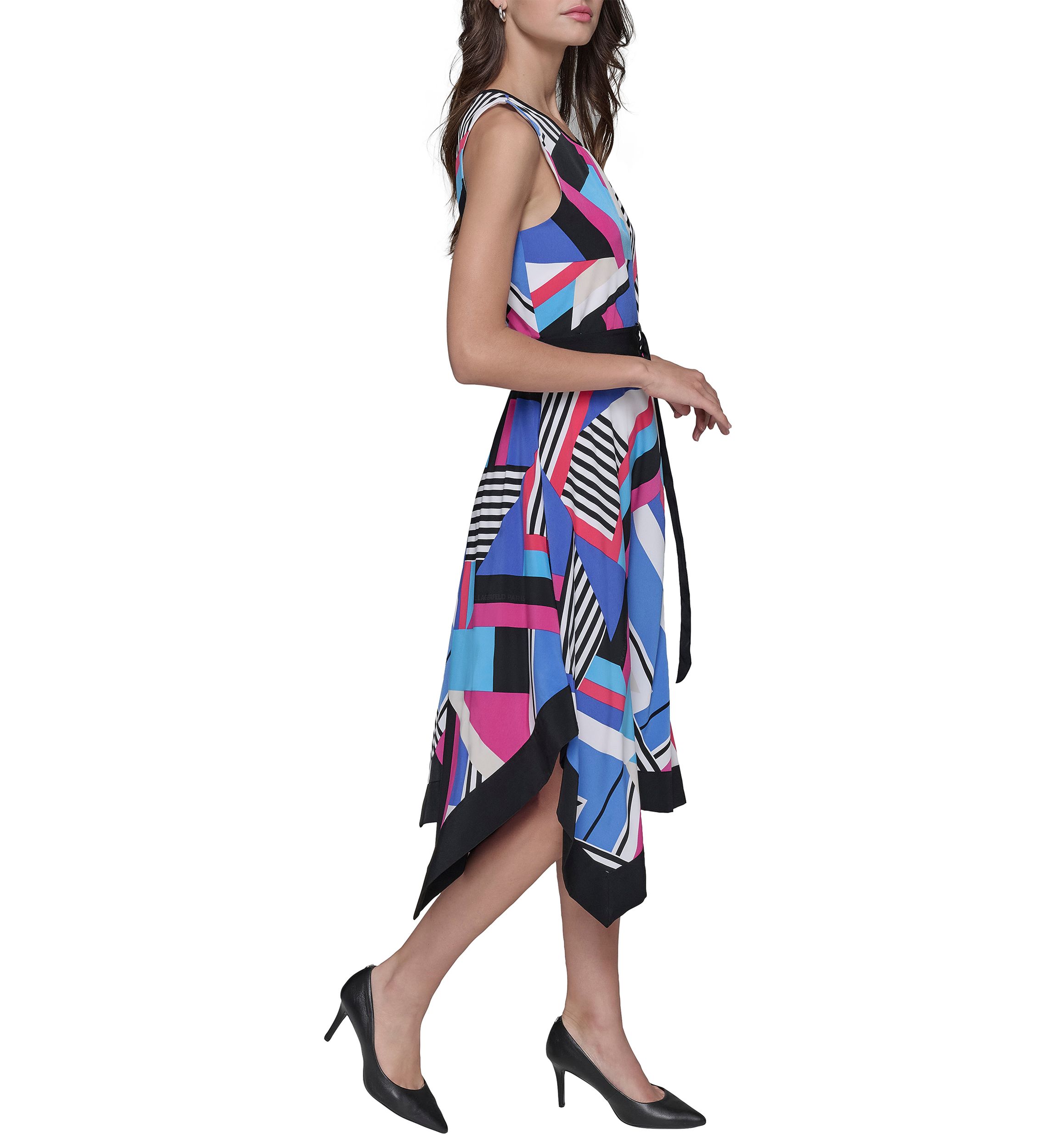 Womens Geometric Print Silky Crepe Midi Dress with Color Block Handkerchief Hem