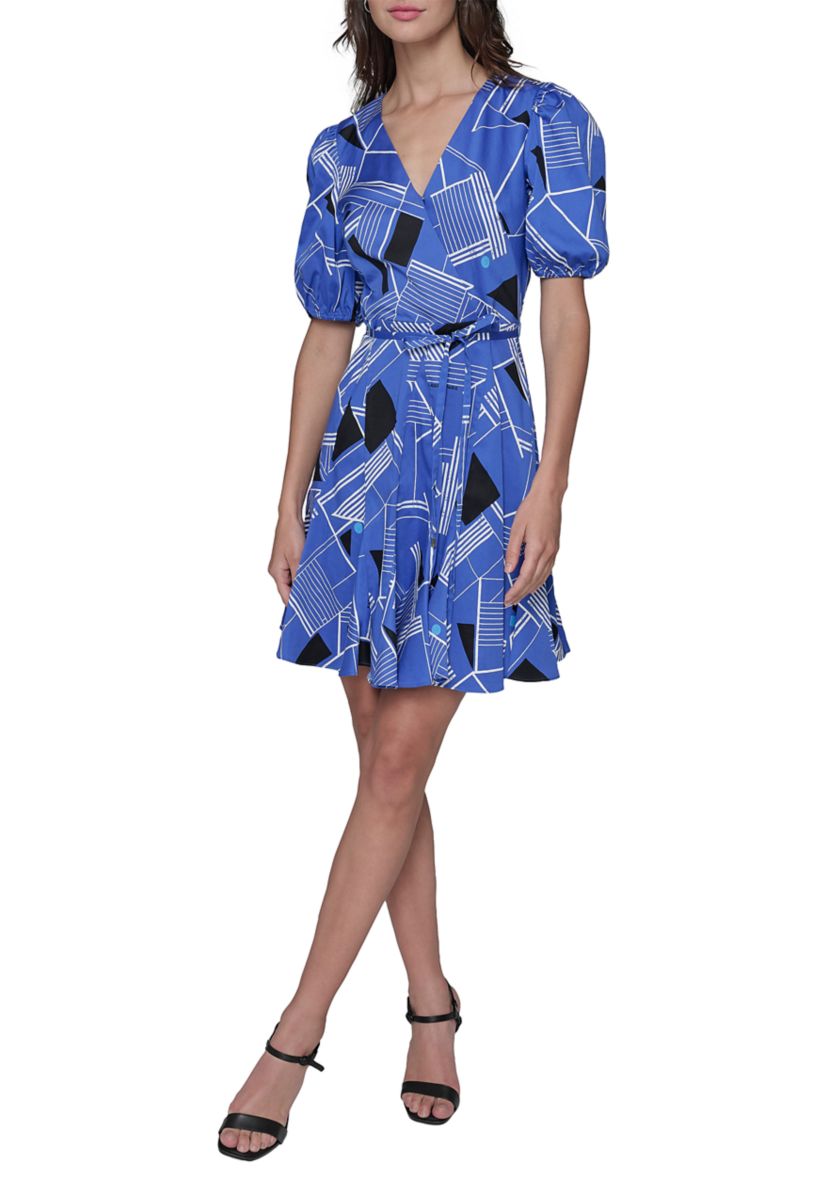 Womens Geometric Printed Sateen A-Line Dress