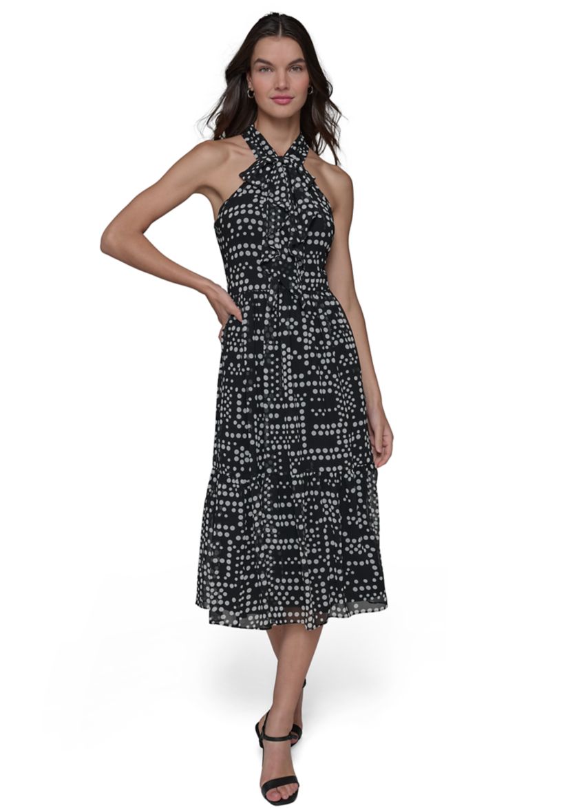 Womens Dot Print Chiffon Halter Neck Dress 