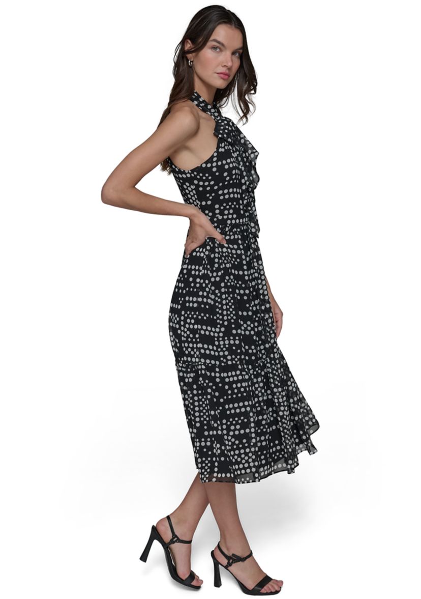 Womens Dot Print Chiffon Halter Neck Dress 