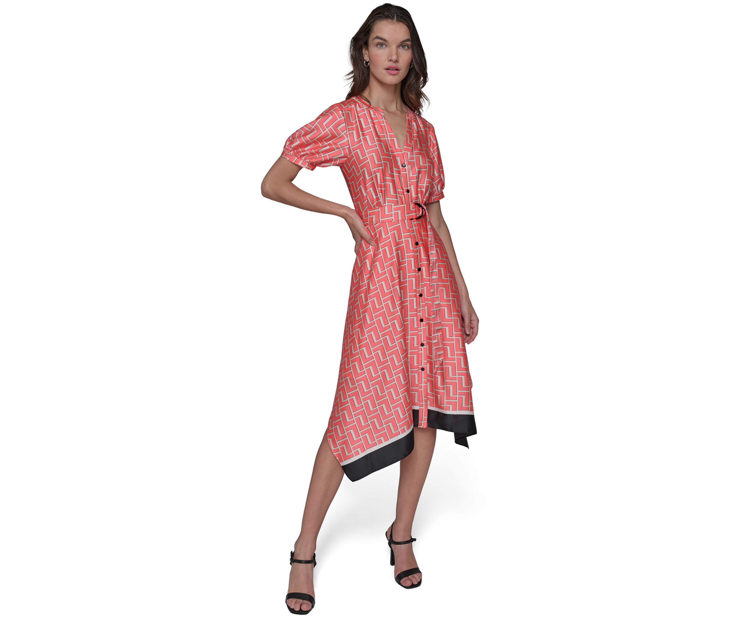 Womens Geo Printed Satin Midi Dress with Handkerchief Hem 
