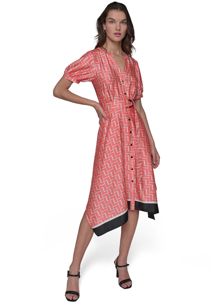 Womens Geo Printed Satin Midi Dress with Handkerchief Hem 