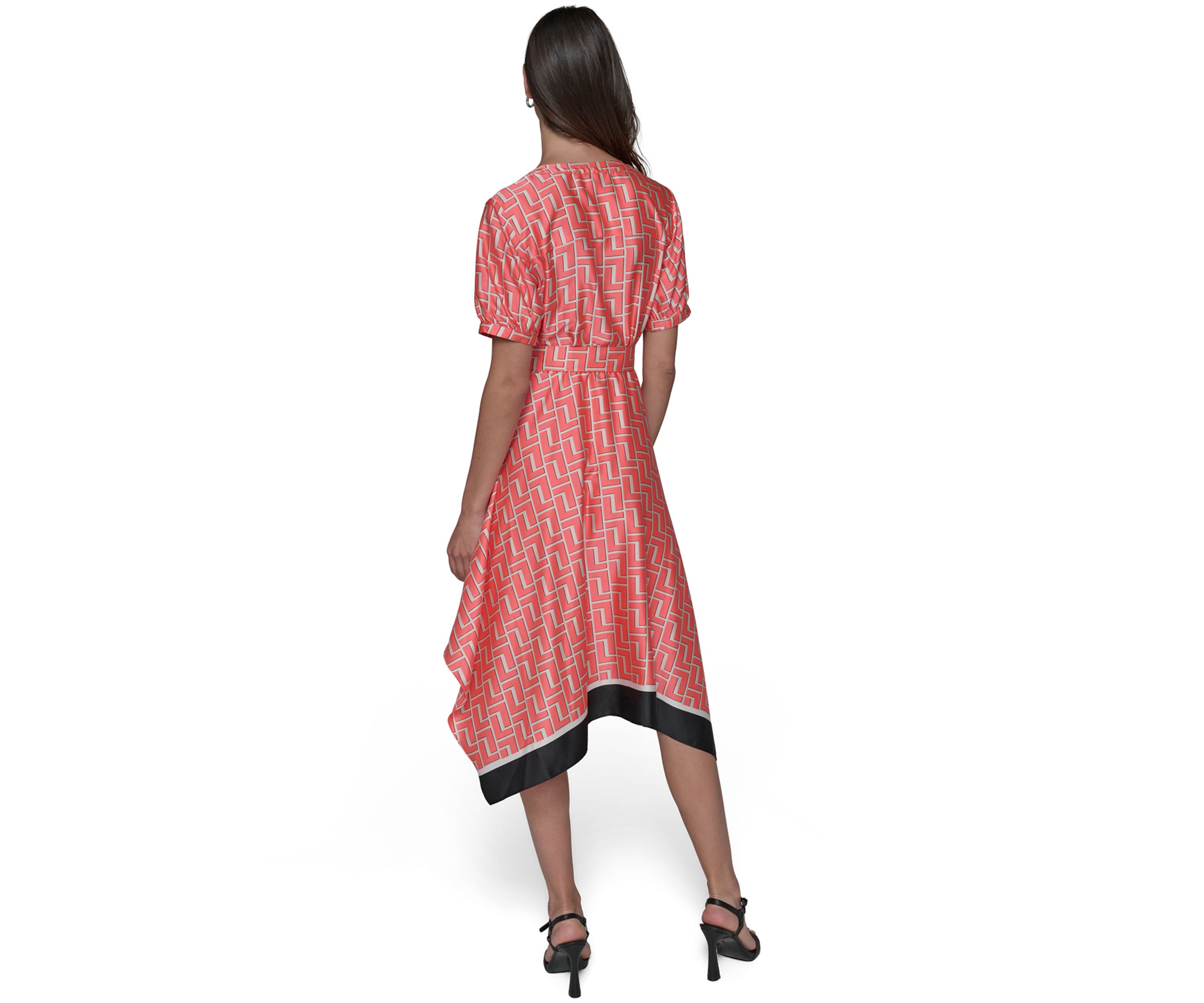 Womens Geo Printed Satin Midi Dress with Handkerchief Hem 