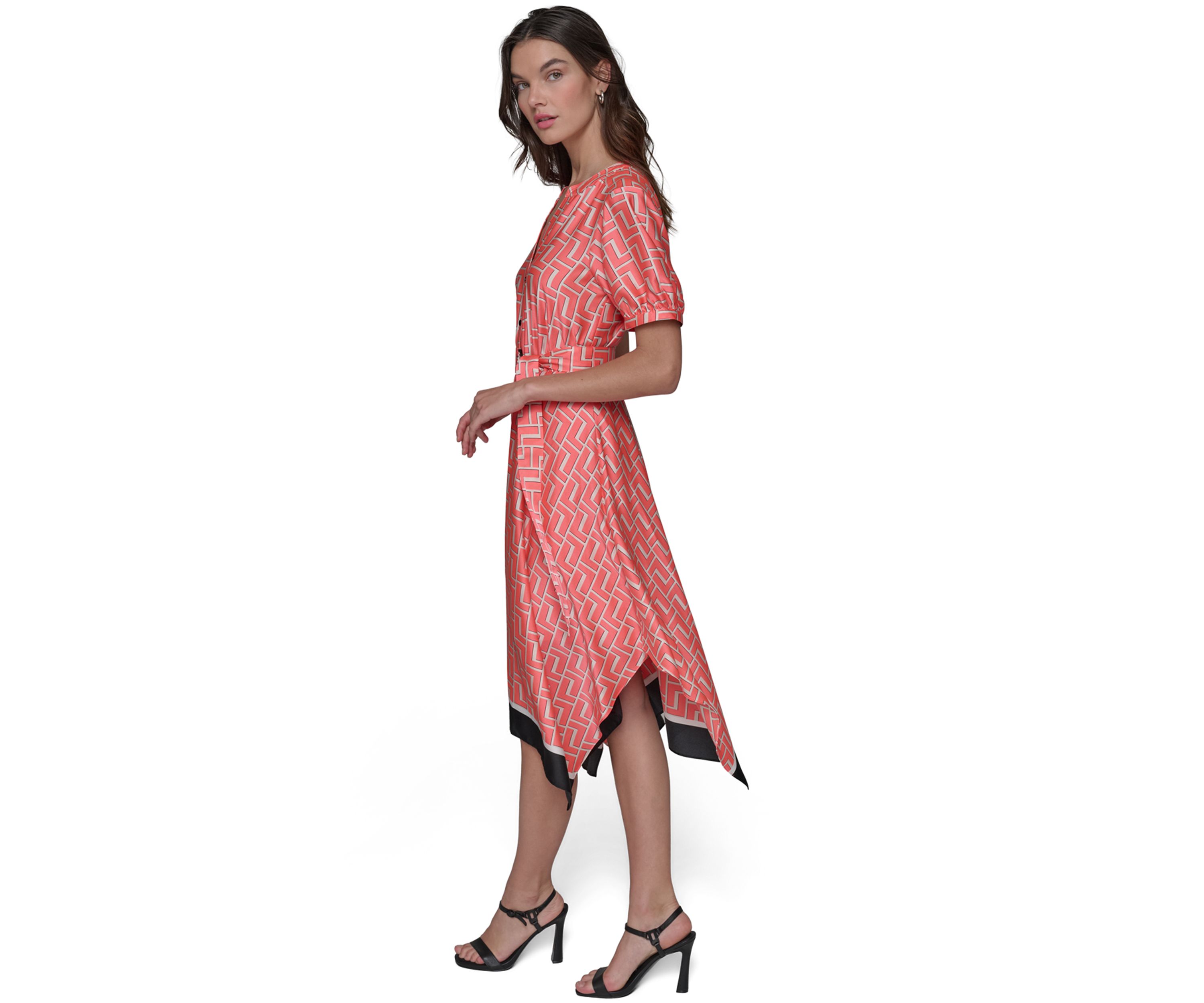 Womens Geo Printed Satin Midi Dress with Handkerchief Hem 