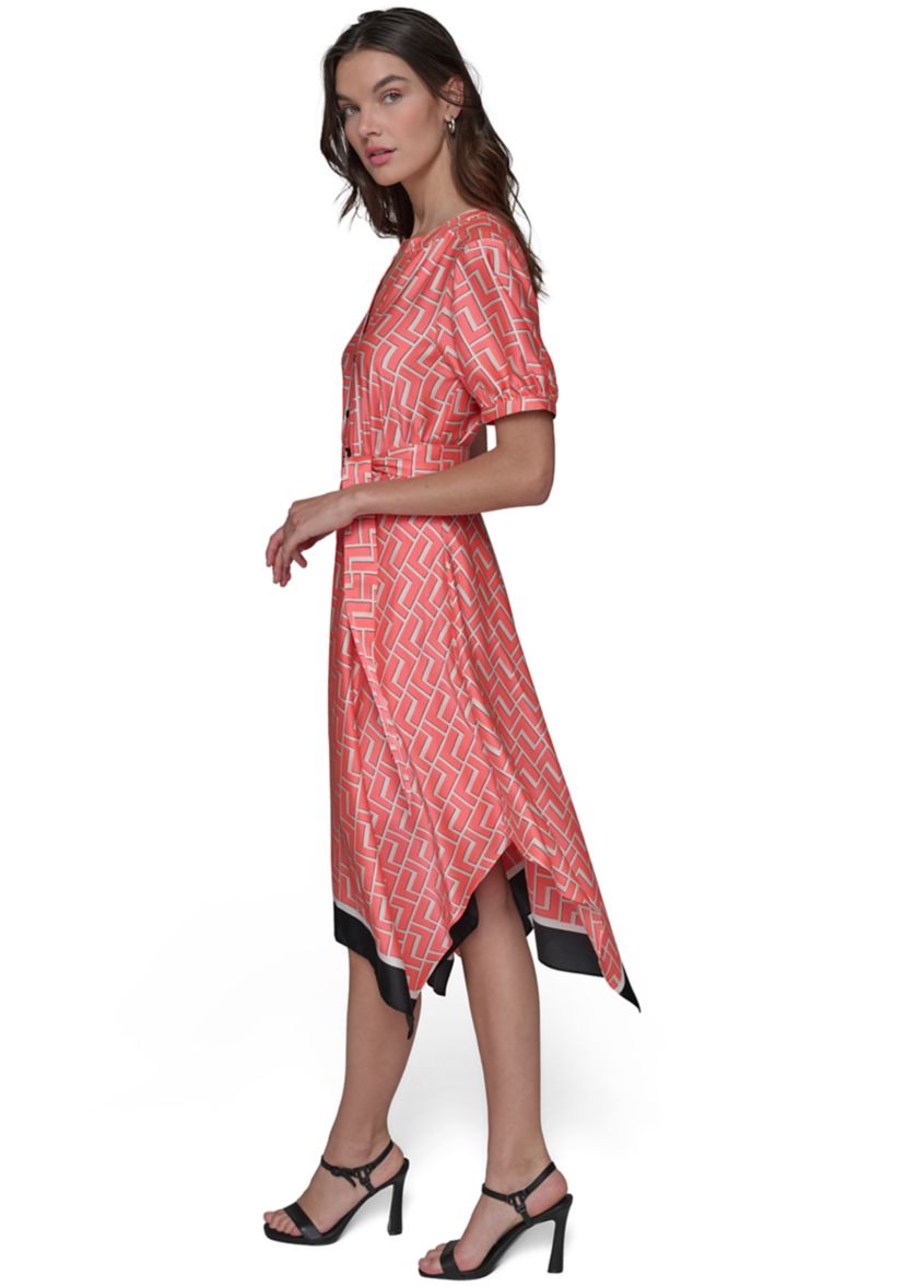 Womens Geo Printed Satin Midi Dress with Handkerchief Hem 