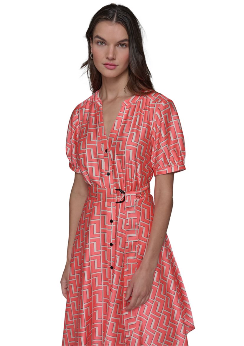 Womens Geo Printed Satin Midi Dress with Handkerchief Hem 
