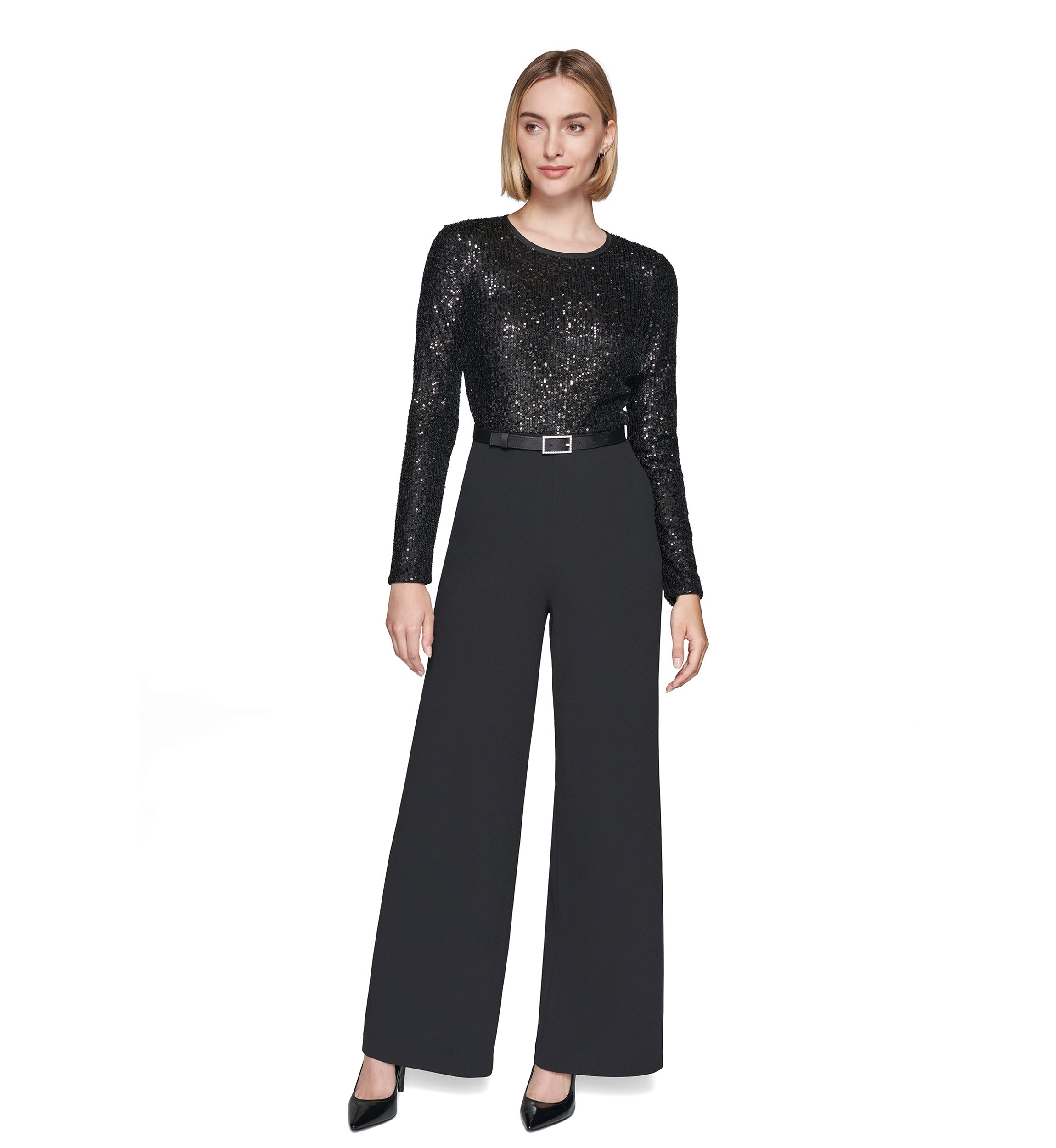 Womens Scuba Crepe and Sequin Jumpsuit
