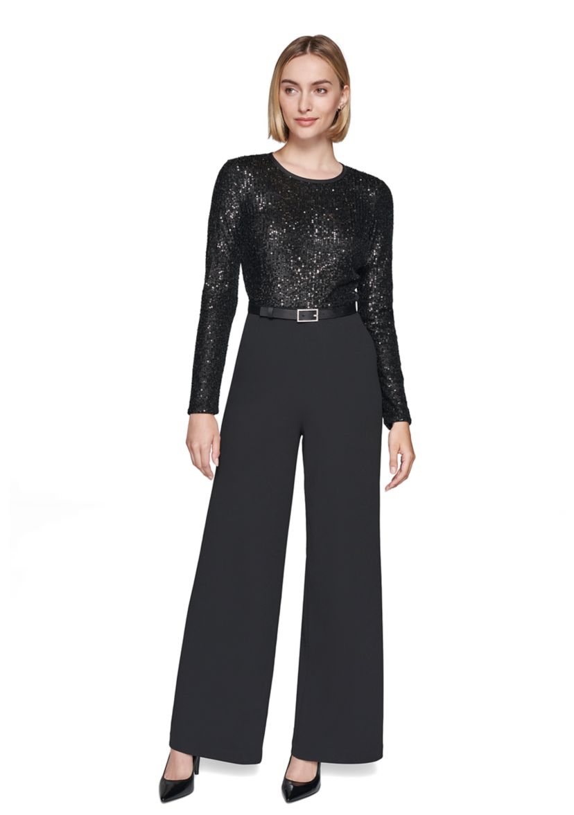 Womens Scuba Crepe and Sequin Jumpsuit