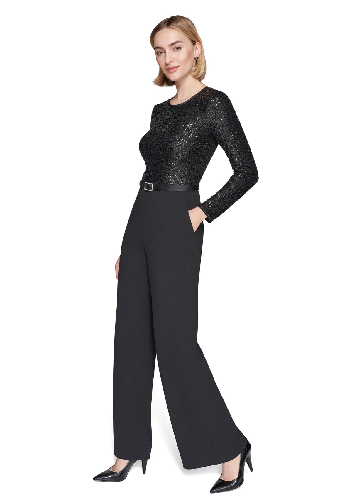 Womens Scuba Crepe and Sequin Jumpsuit