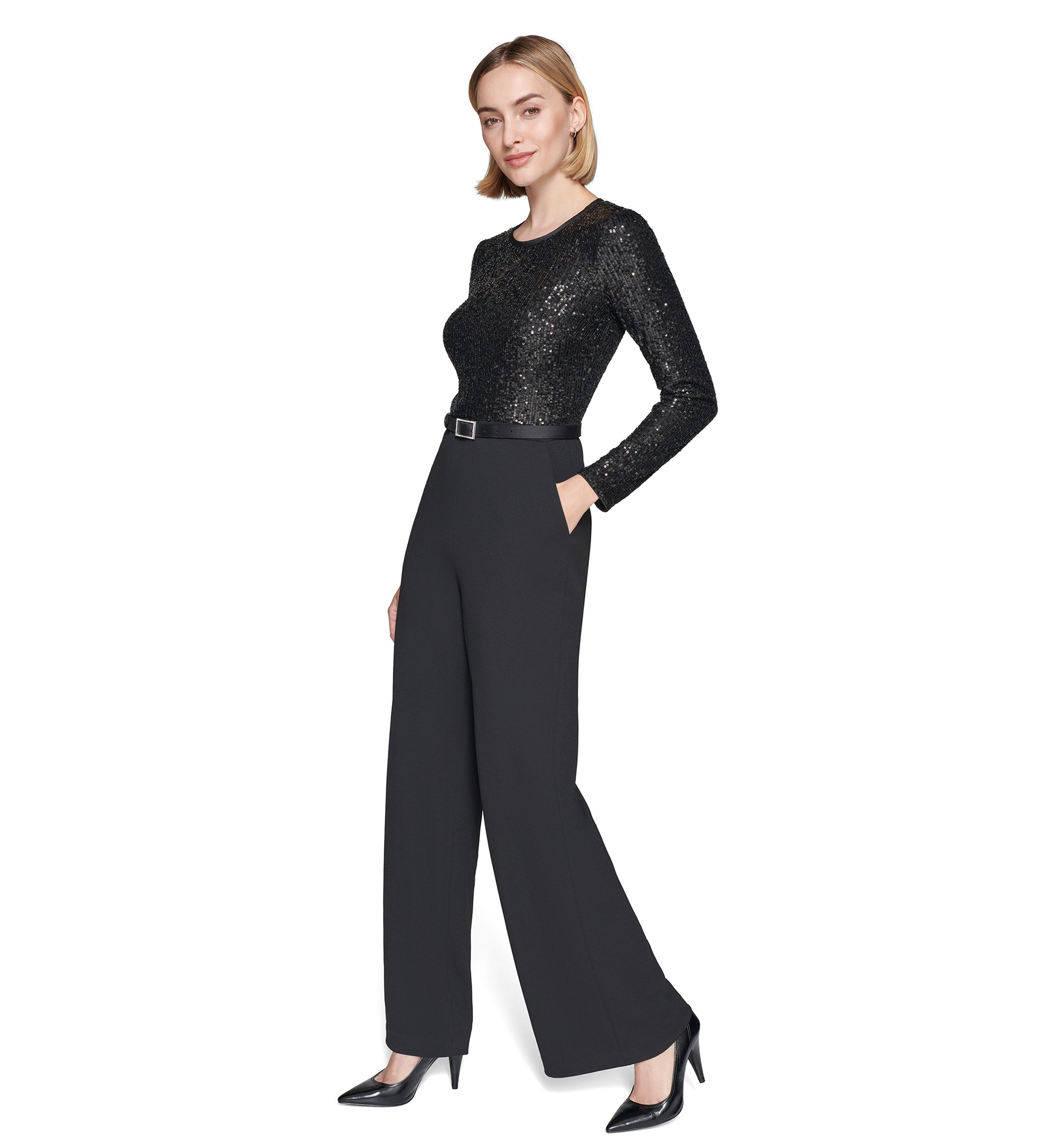 Womens Scuba Crepe and Sequin Jumpsuit