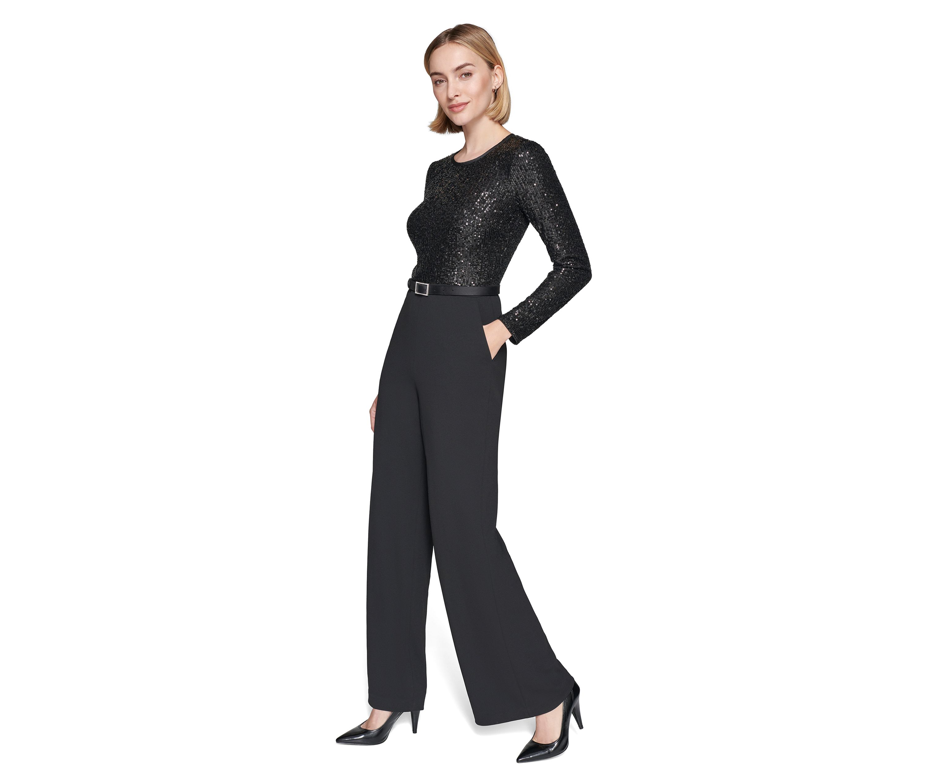 Womens Scuba Crepe and Sequin Jumpsuit