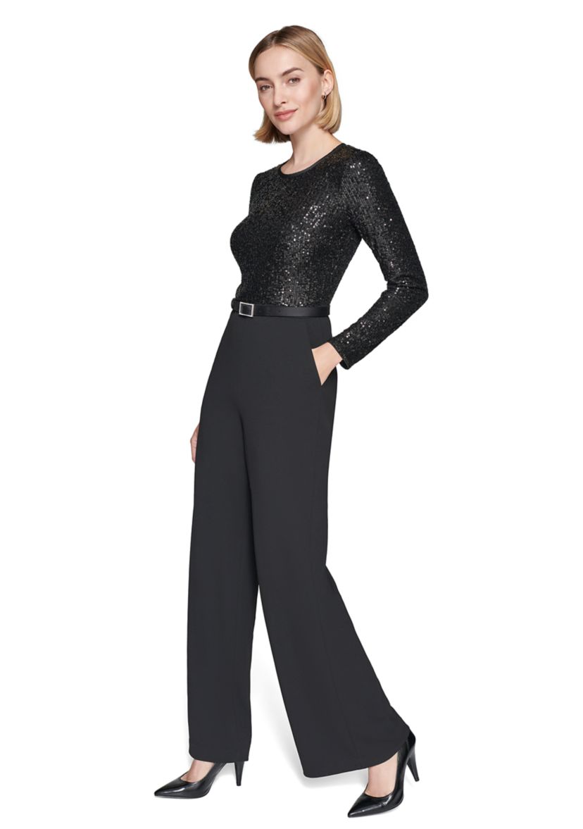 Womens Scuba Crepe and Sequin Jumpsuit