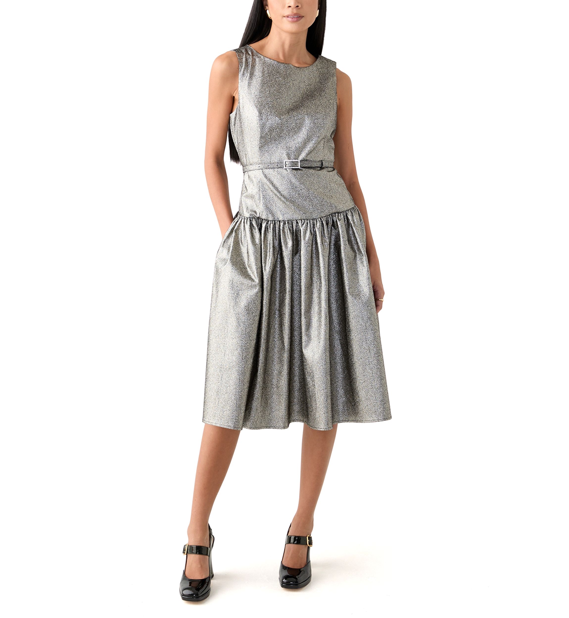 Womens Sleeveless Crew Neck Solid Belted Fit and Flare Dress